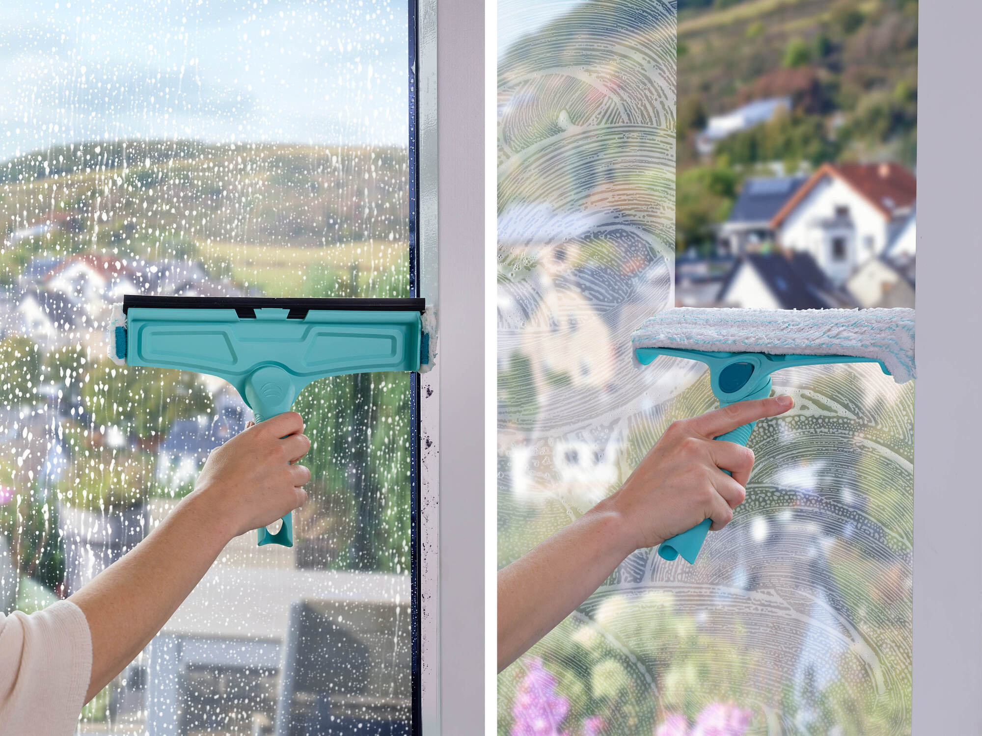 Persona pulisce finestra con tergipavimento blu e schiuma. Fuori mostra paesaggio con case.