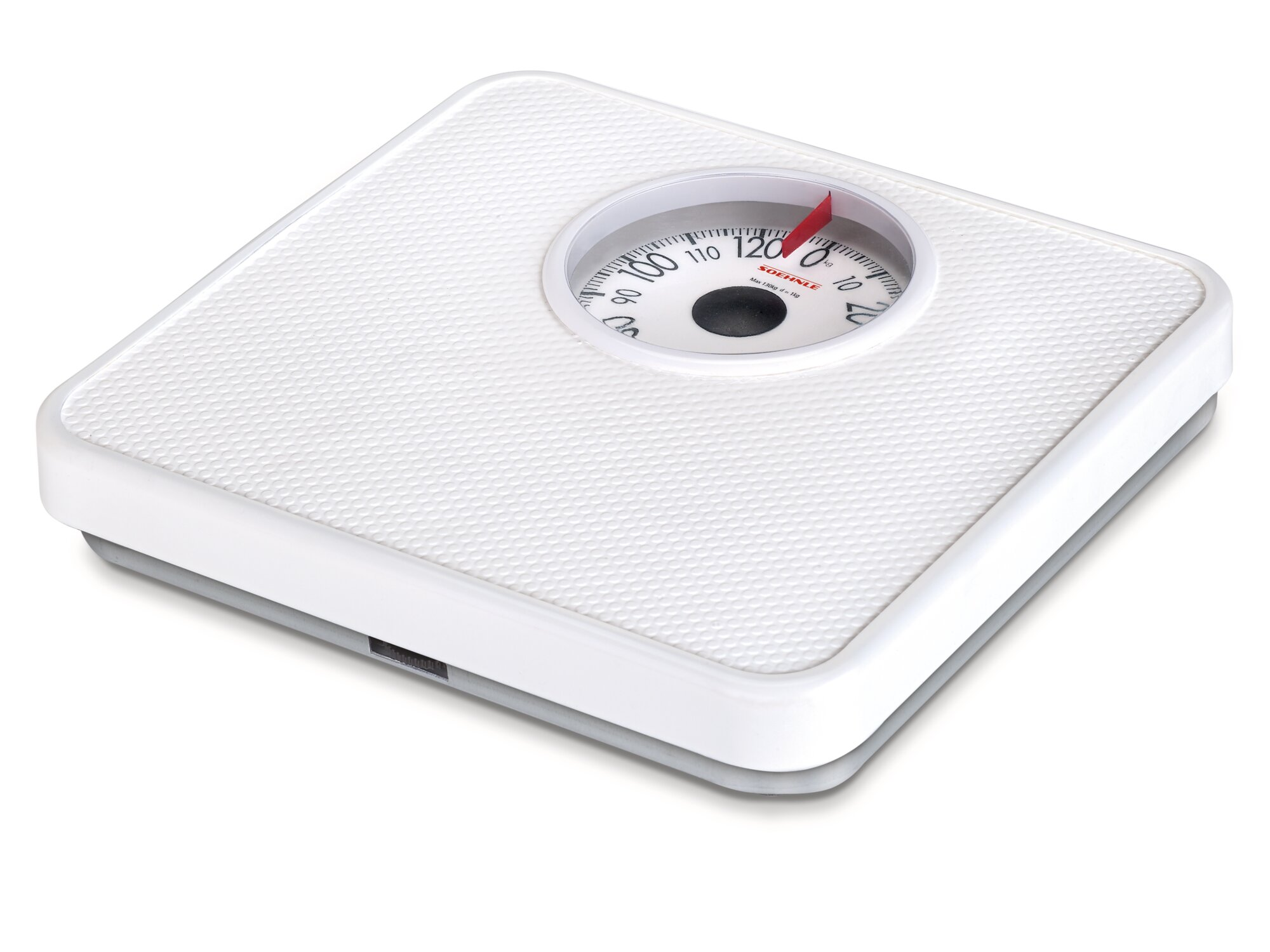 Biała waga analogowa z teksturowaną powierzchnią i okrągłą tarczą.