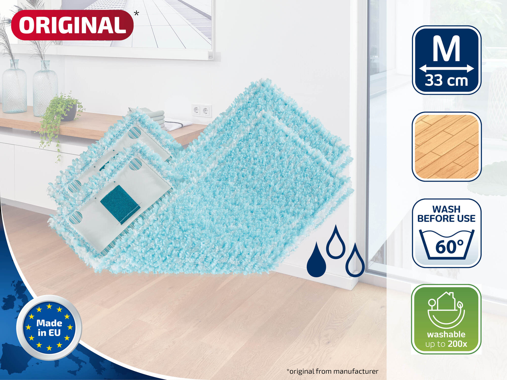 Hellblaue Wischbezüge in Größe M (33cm) auf Holzboden. Waschbar bis 200x.