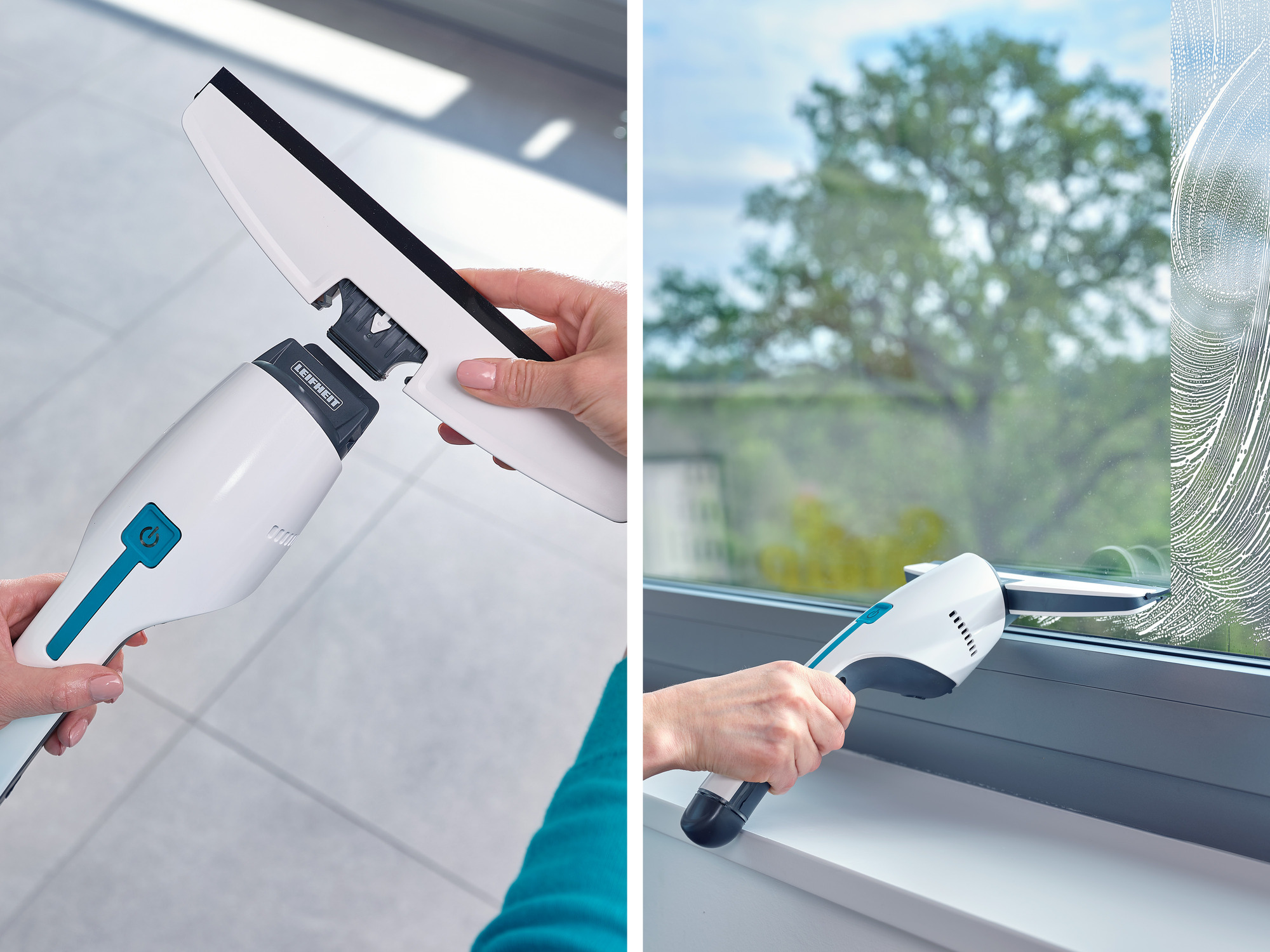 Urządzenie do czyszczenia okien pokazane jest raz podczas składania i raz w użyciu.