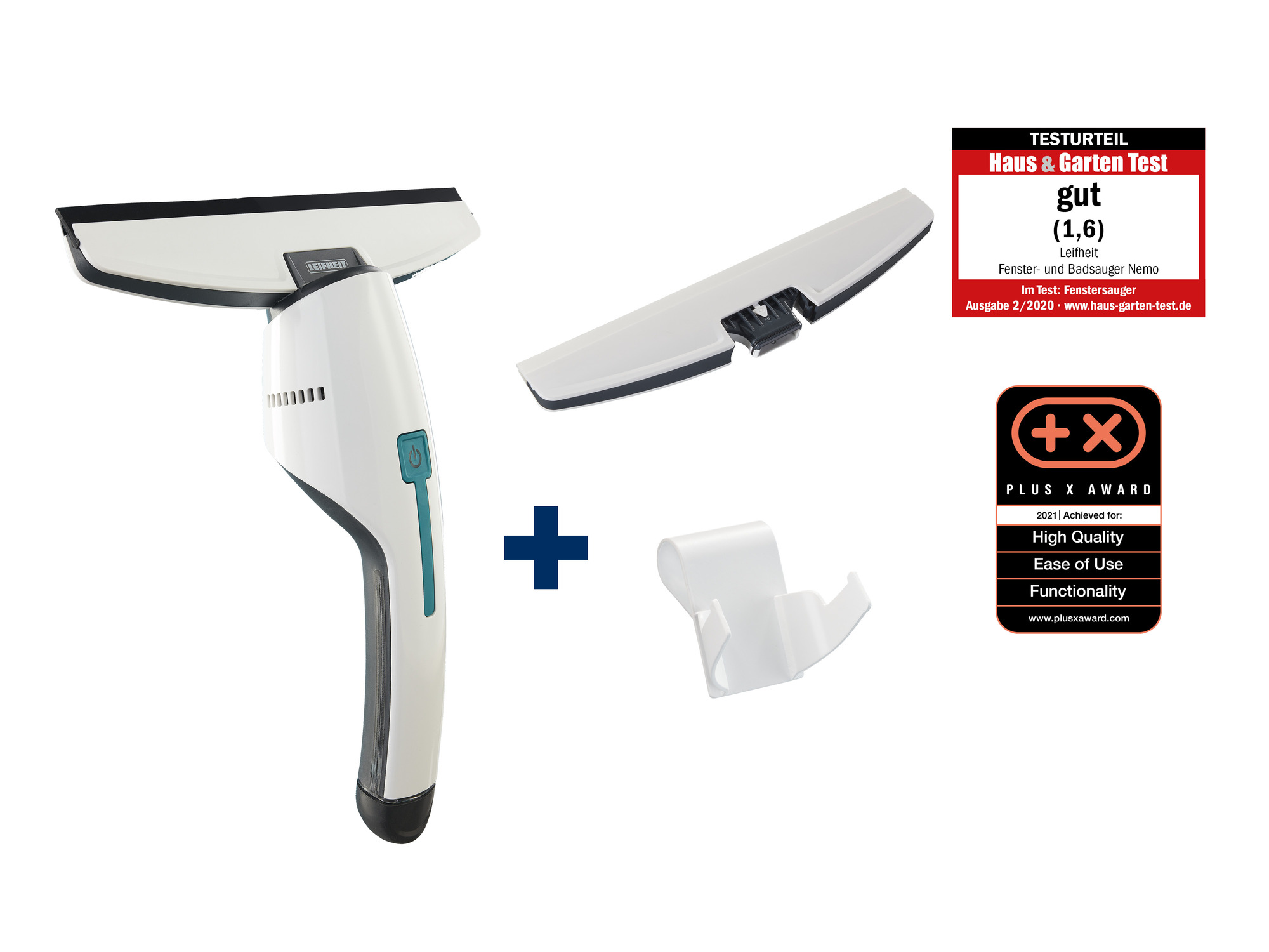 Odkurzacz do okien z akcesoriami i nagrodami na białym tle.