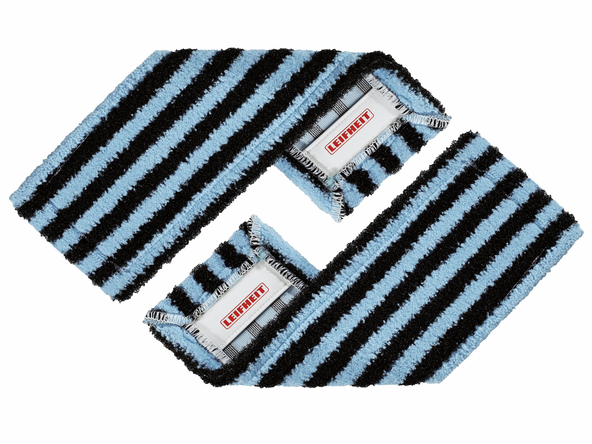 Zwei blaue und schwarze Streifen-Moppaufsätze mit Leifheit-Logo.