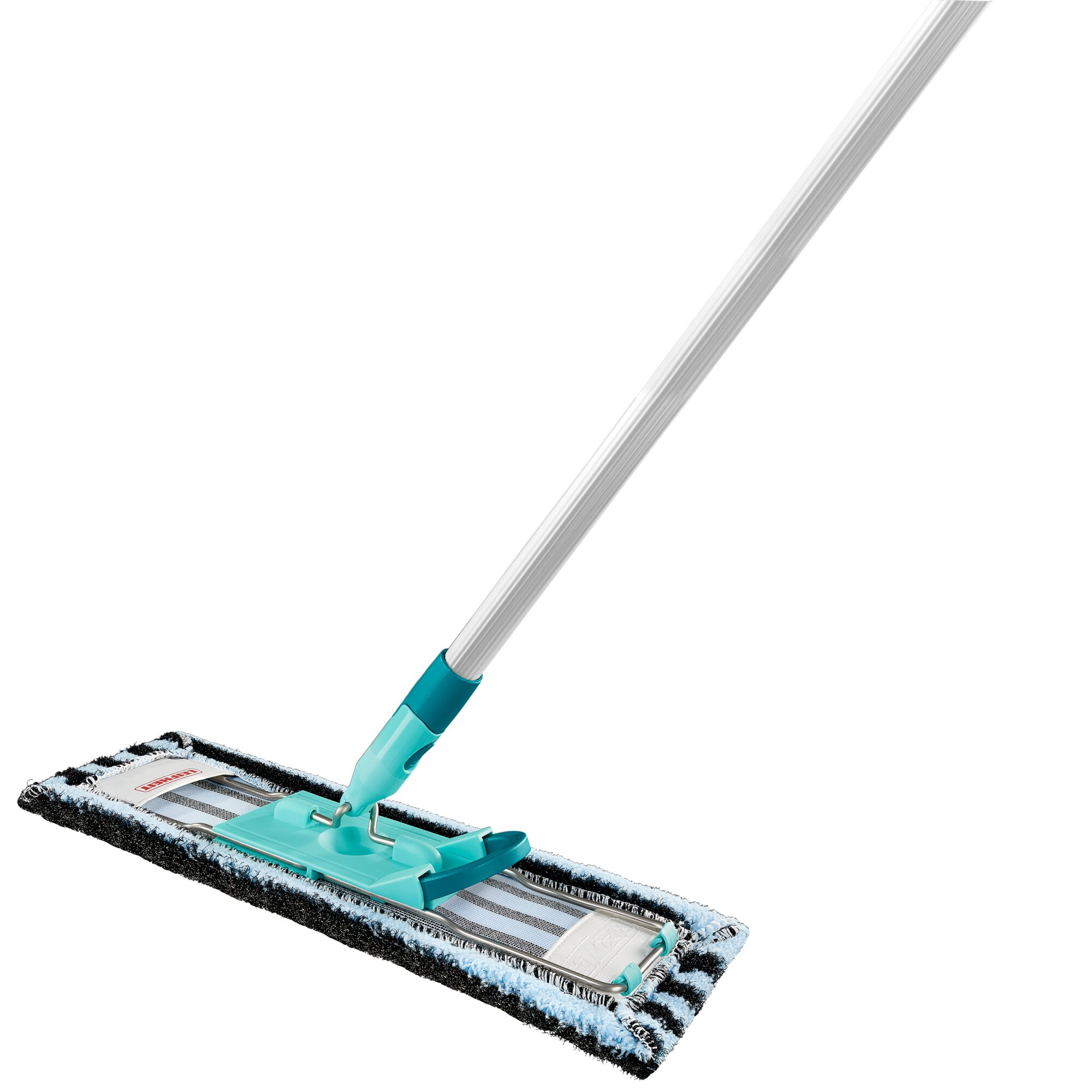 Ein blauer und türkiser Wischmopp mit silbernem Stiel auf weißem Hintergrund.