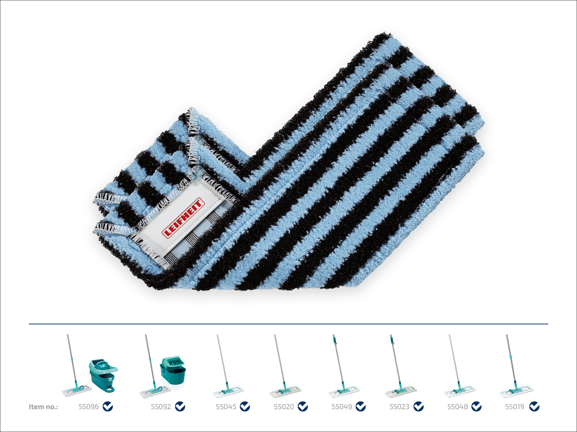 Ein blauer und schwarzer Streifenwischmopp liegt auf einem weißen Hintergrund.