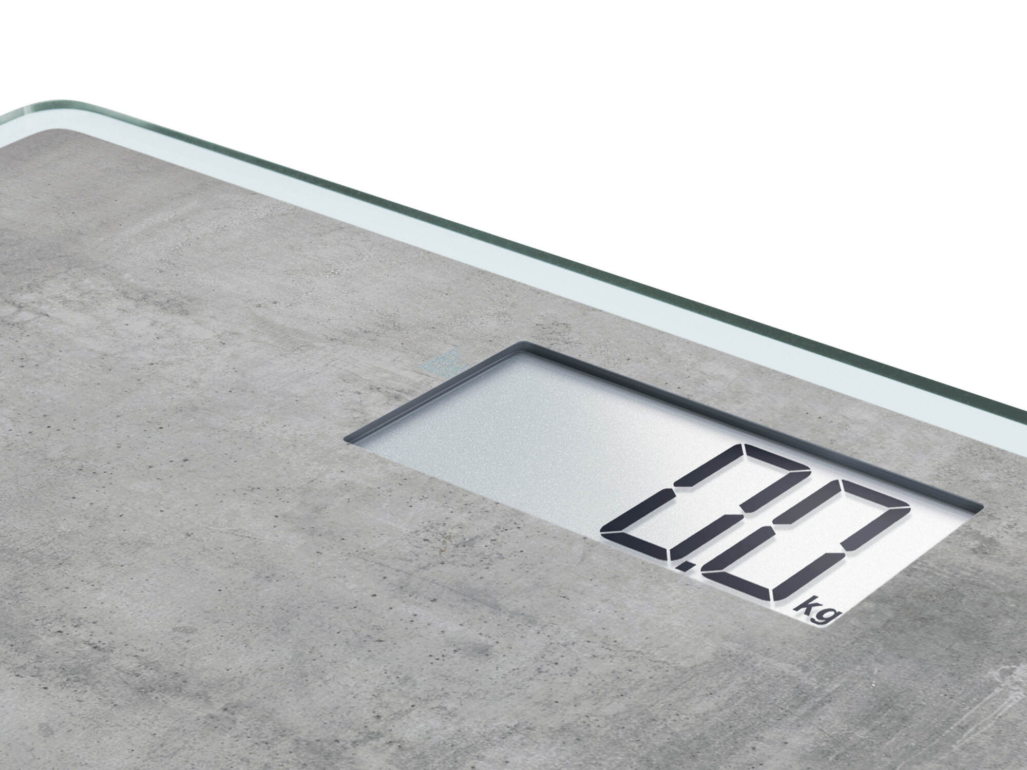 Szara waga o wyglądzie betonu z cyfrowym wyświetlaczem pokazującym 0,0 kg.