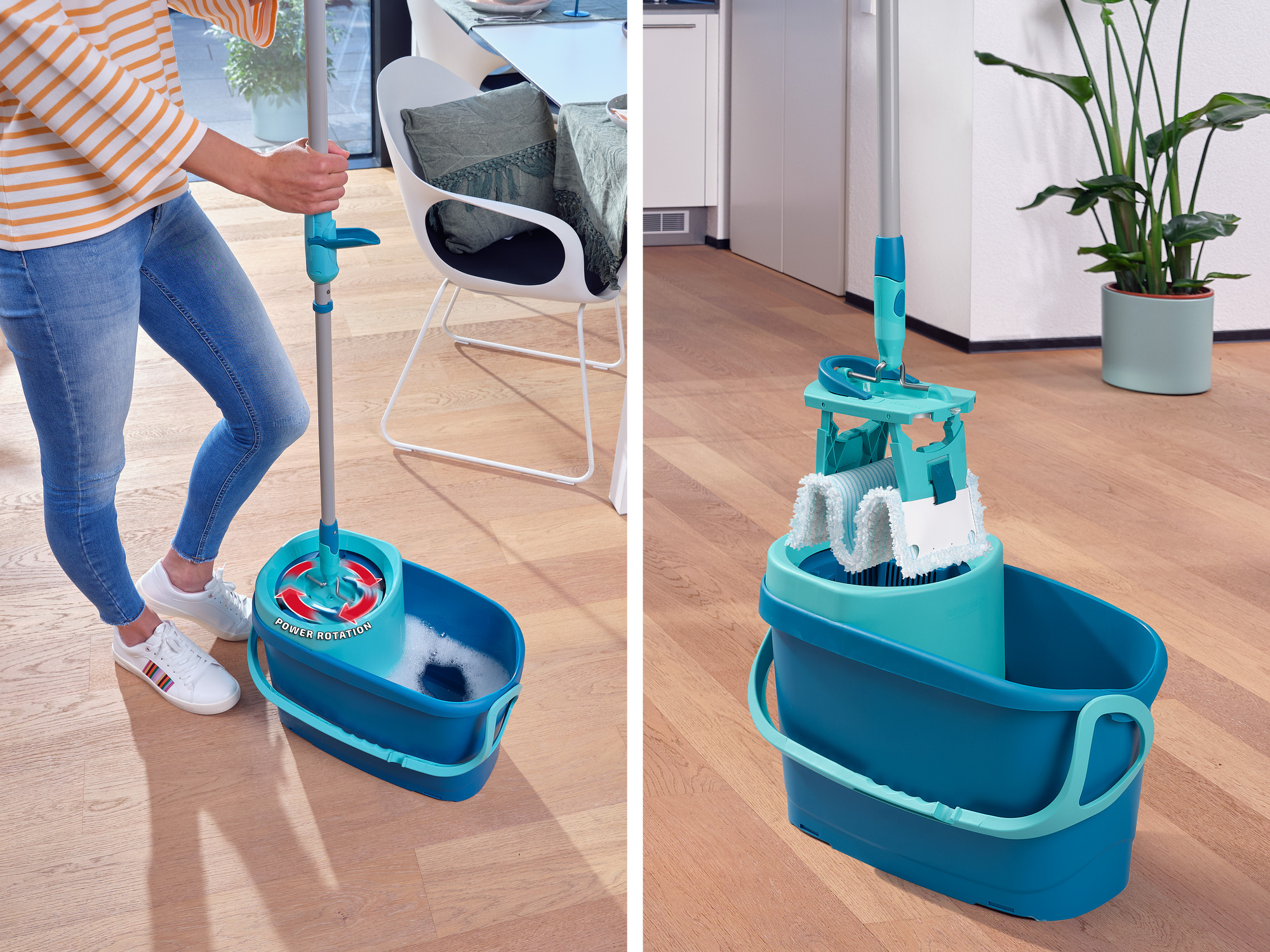 Person benutzt einen blauen Eimer mit Mopp für die Bodenreinigung.