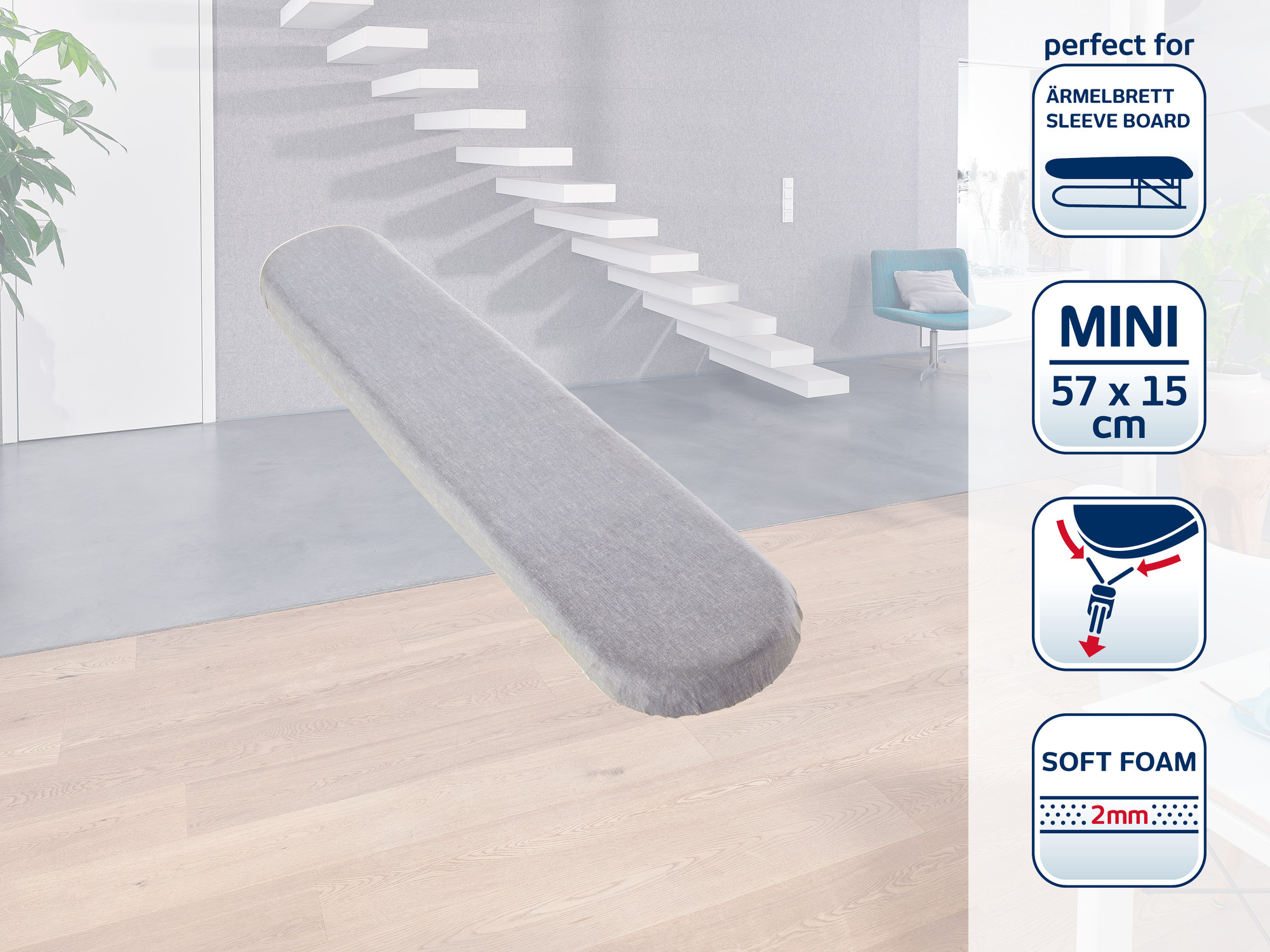 Szara pokrowiec na deskę do prasowania, 57x15cm, na jasnej podłodze.