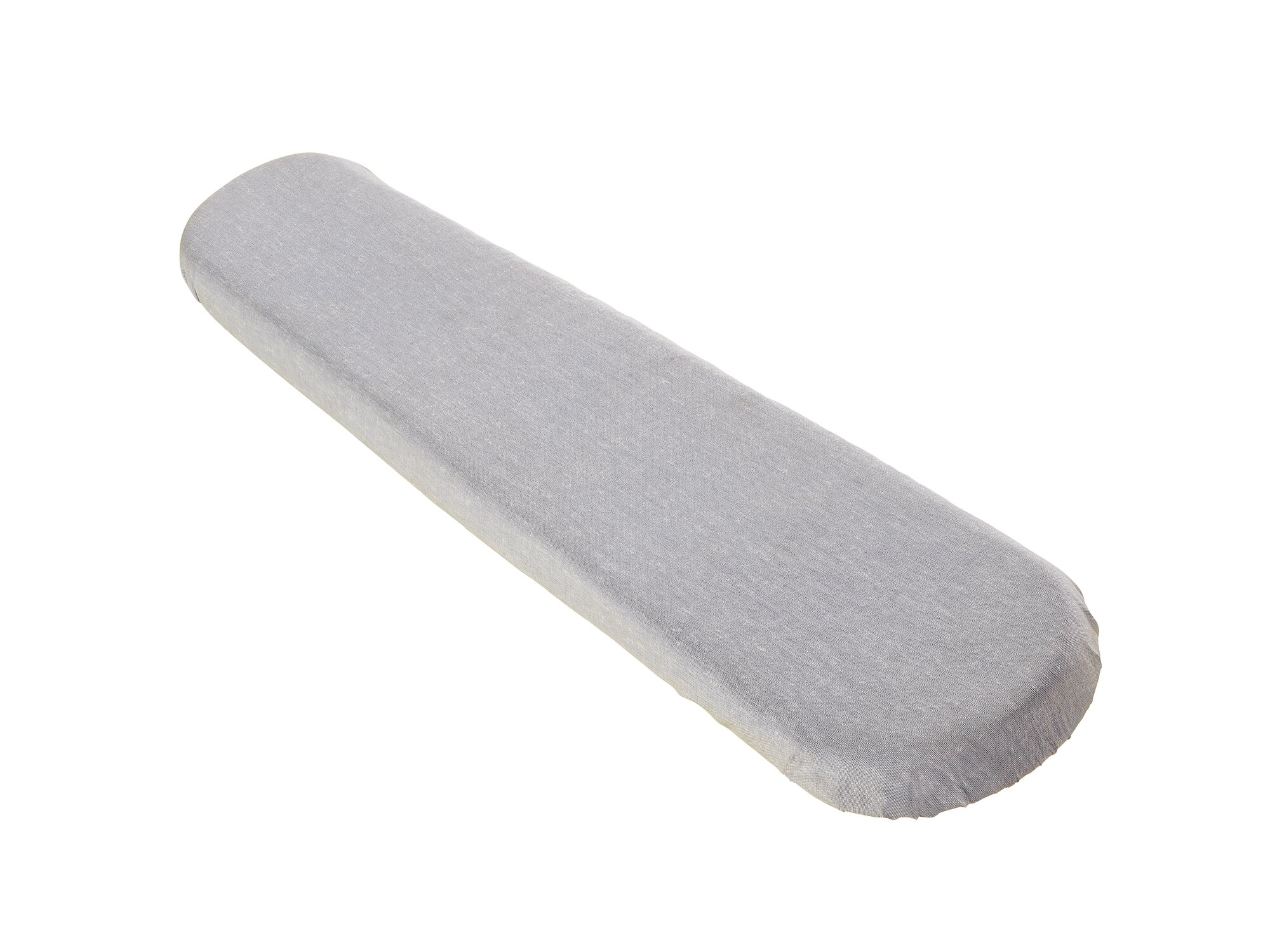 Szara pokrowiec na deskę do prasowania z zaokrąglonymi końcami na białym tle.