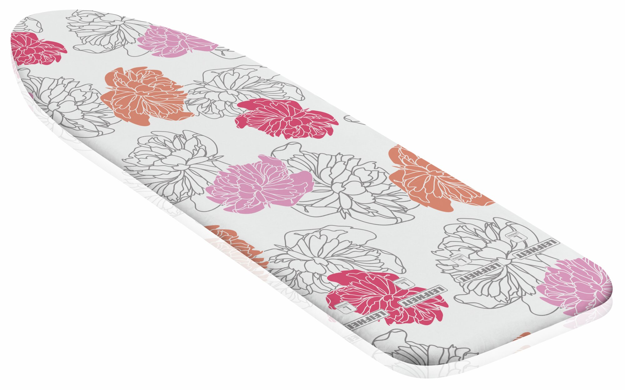 Bügeleisenbezug mit Blumenmuster in Rosa, Koralle und Grau.