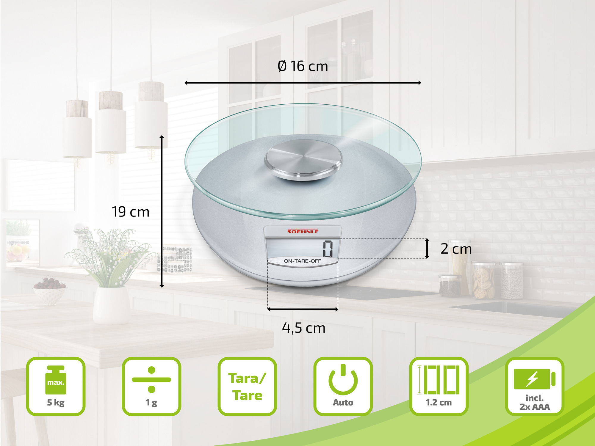 Una bilancia da cucina digitale con superficie in vetro, diametro 16cm e capacità 5kg.