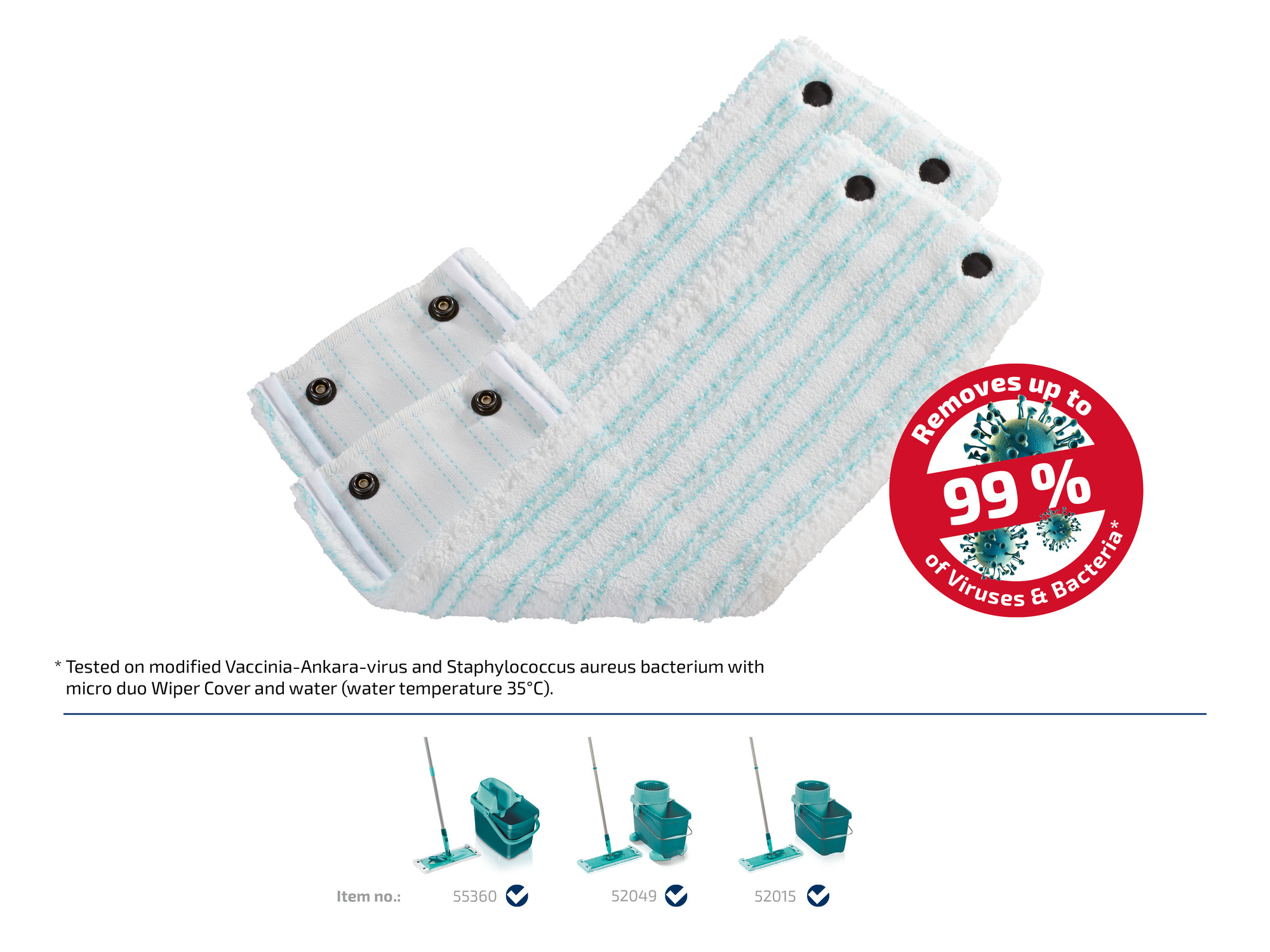 Weiße Wischbezüge mit blauen Streifen und Druckknöpfen, mit rotem Kreis, der 99% Viren & Bakterien entfernt.