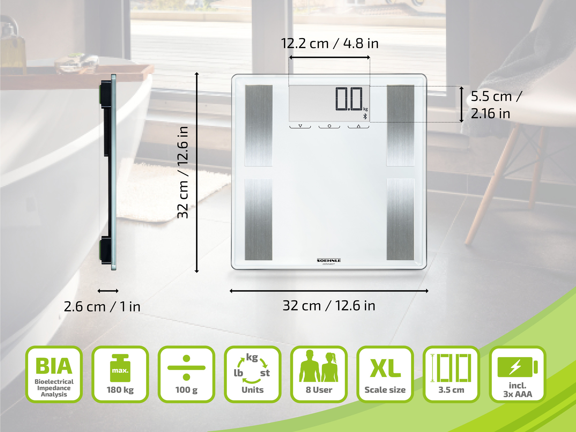 Biała waga cyfrowa z BIA, 180kg, 100g, 8 użytkowników, rozmiar XL, 3,5cm, 3 baterie AAA.