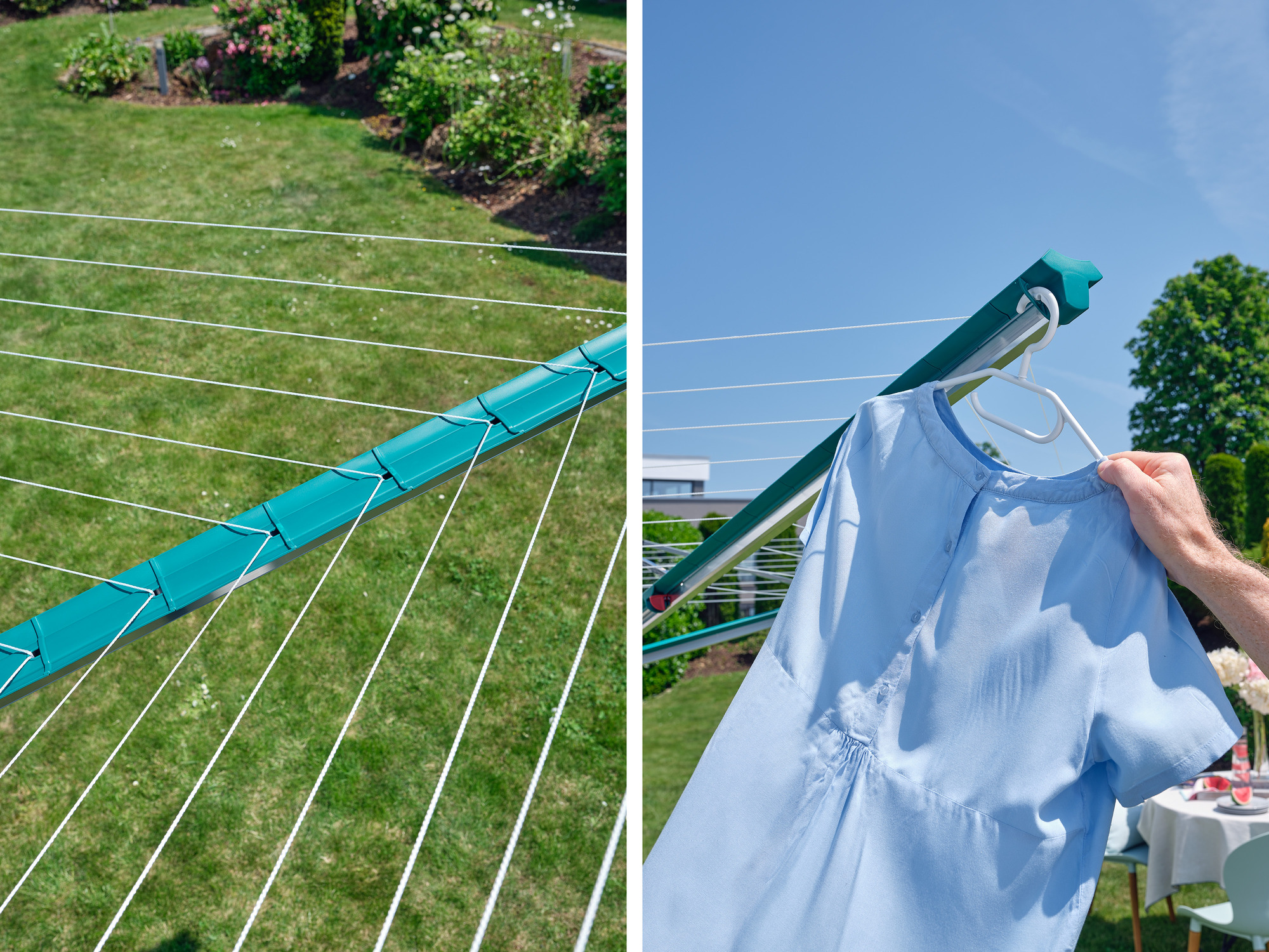 Ein Mann hängt ein hellblaues Kleid auf einen Wäscheständer im Garten.