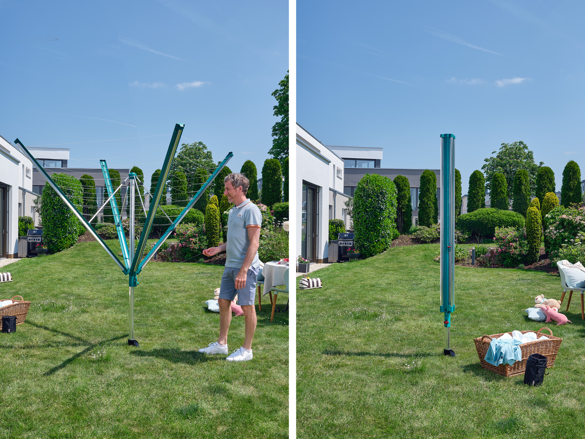 Ein Mann steht neben einem Wäscheständer im Garten. Links und rechts sind Häuser.