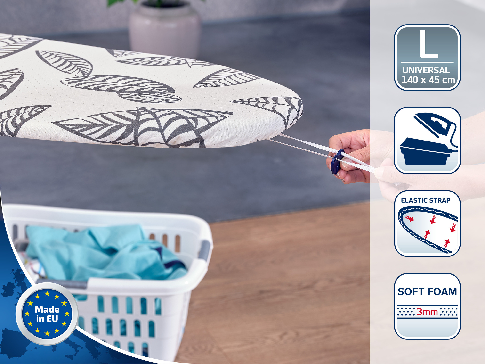 Pokrowiec na deskę do prasowania z wzorem liści, gumką i pianką.