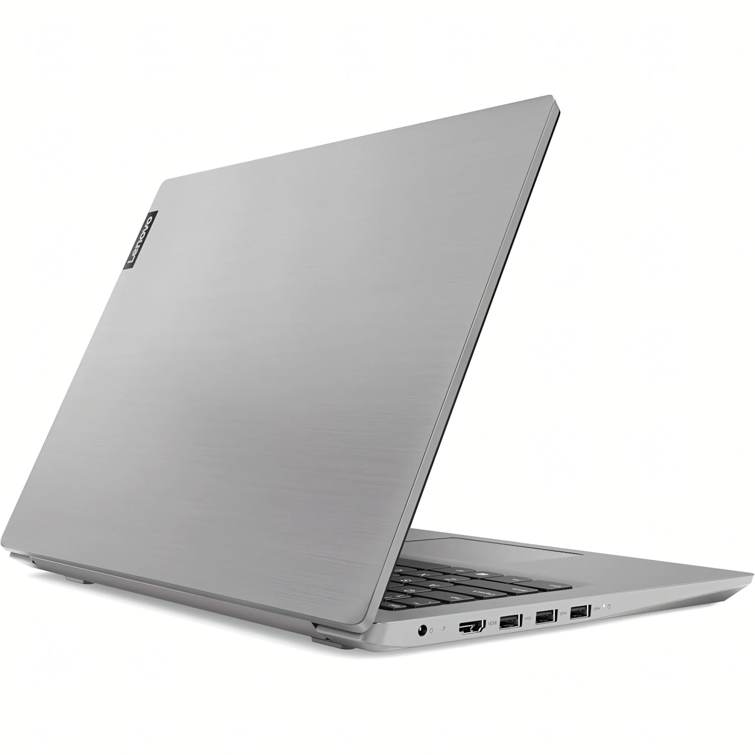 Un portátil plateado con la tapa abierta, mostrando el teclado, se ve sobre fondo blanco.
