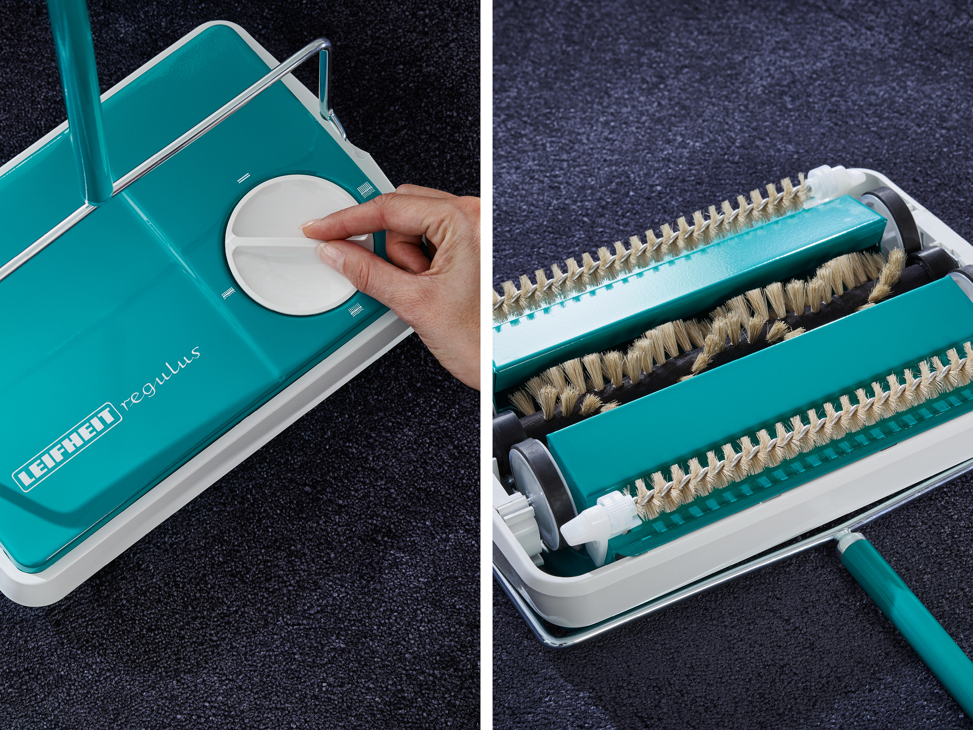 Türkiser Handbesen mit Bürsten. Eine Hand dreht einen Knopf.