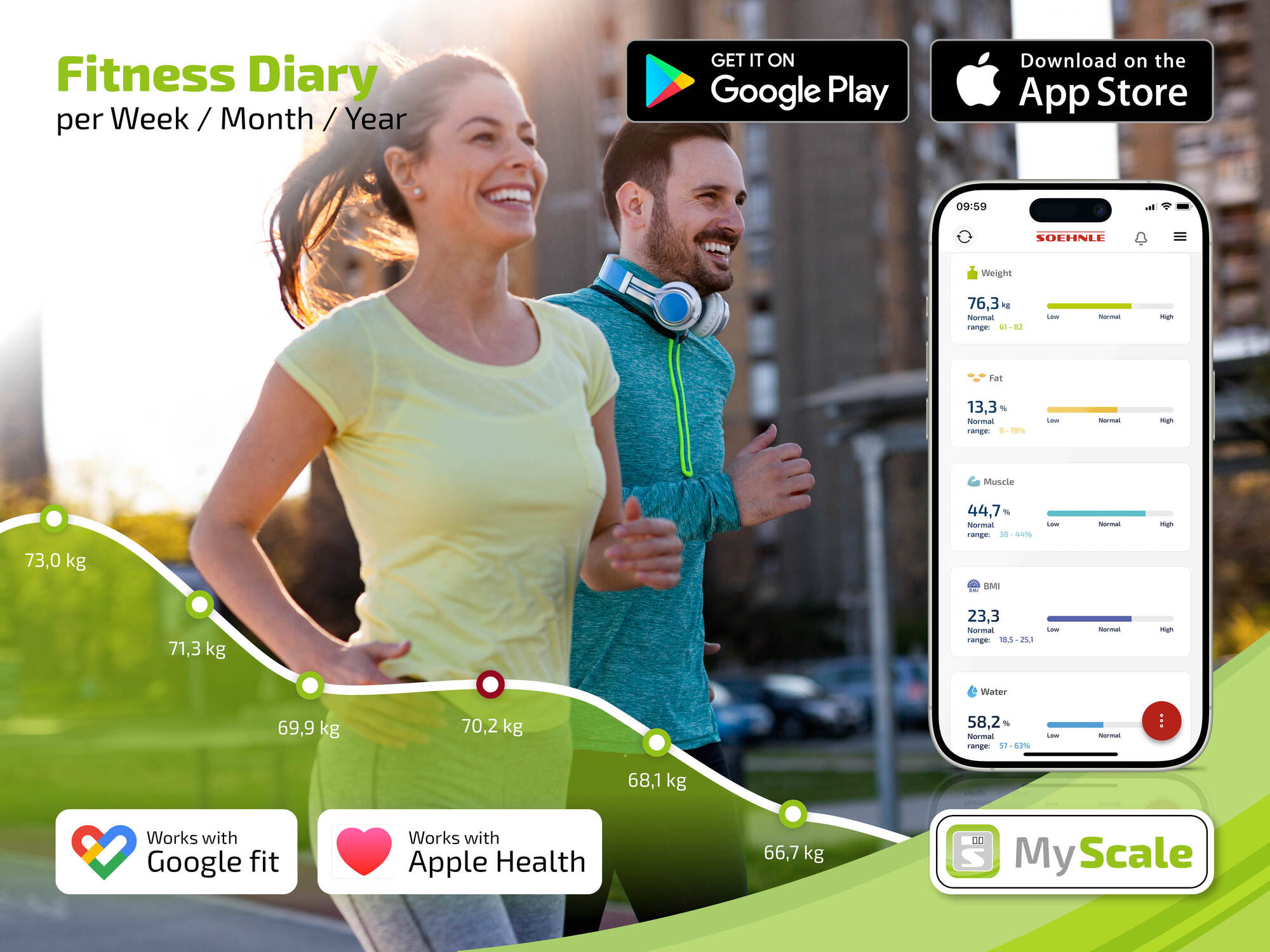 Ein Paar beim Joggen mit einer App-Oberfläche, die Fitnessdaten anzeigt.