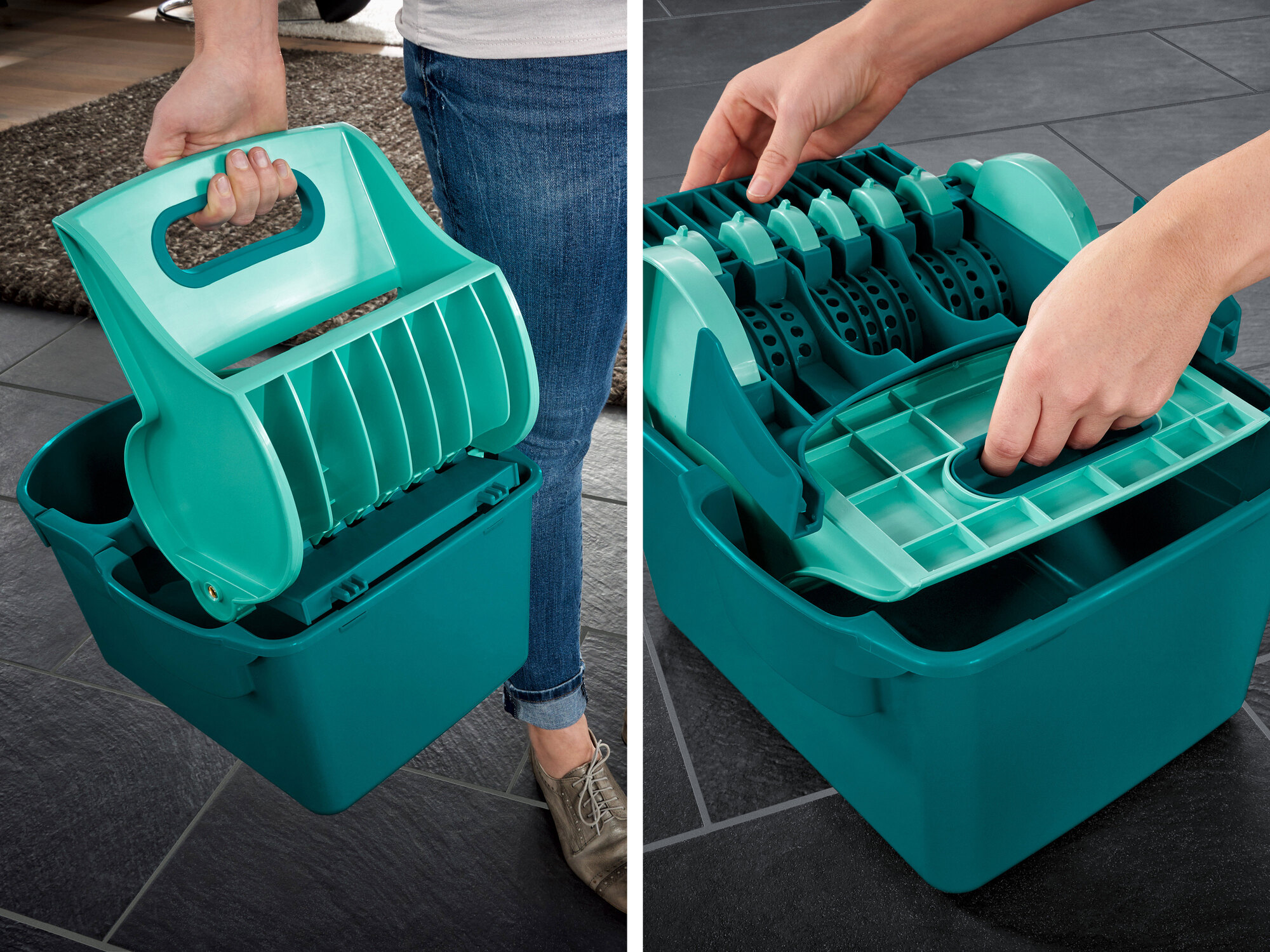 Personne tenant un seau à franges turquoise avec un insert essoreur.