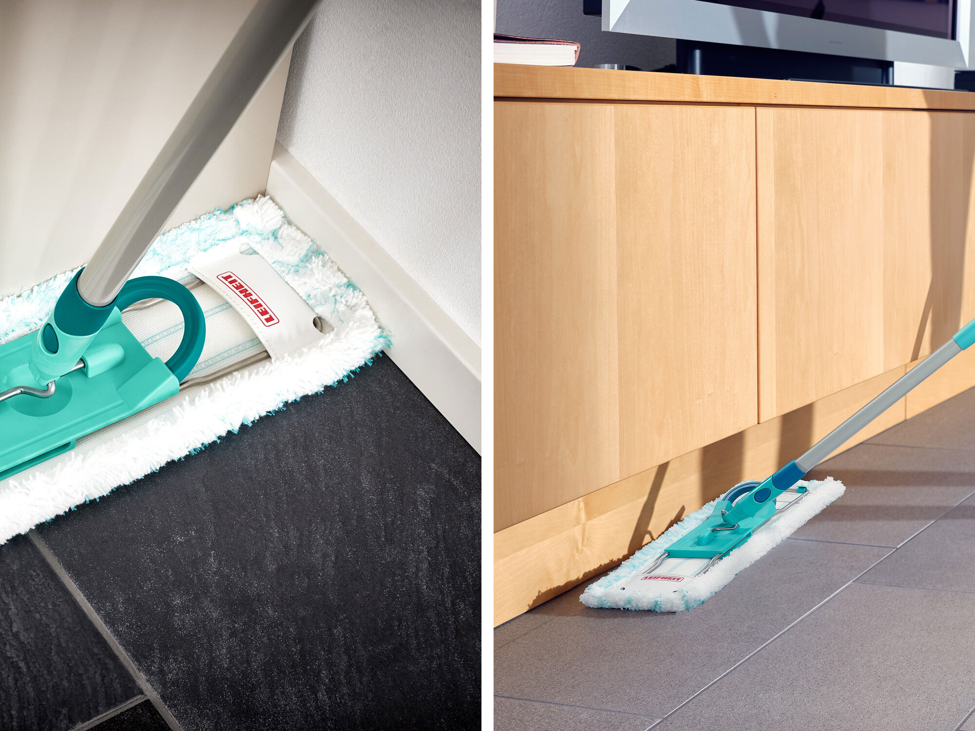Une serpillière avec manche turquoise nettoie carrelage sombre et parquet.