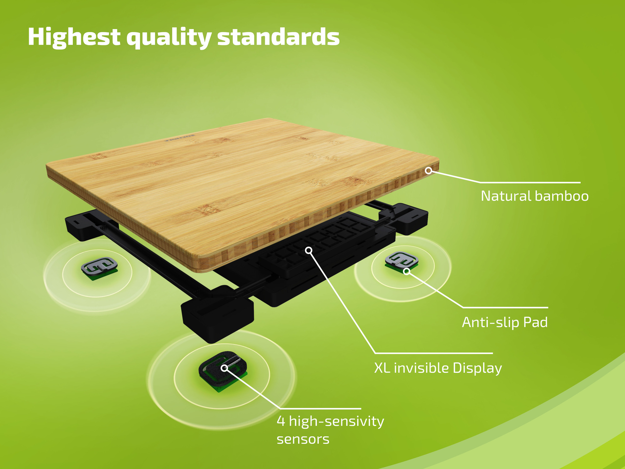 Waga z bambusowym blatem, antypoślizgową podkładką, wyświetlaczem i sensorami.