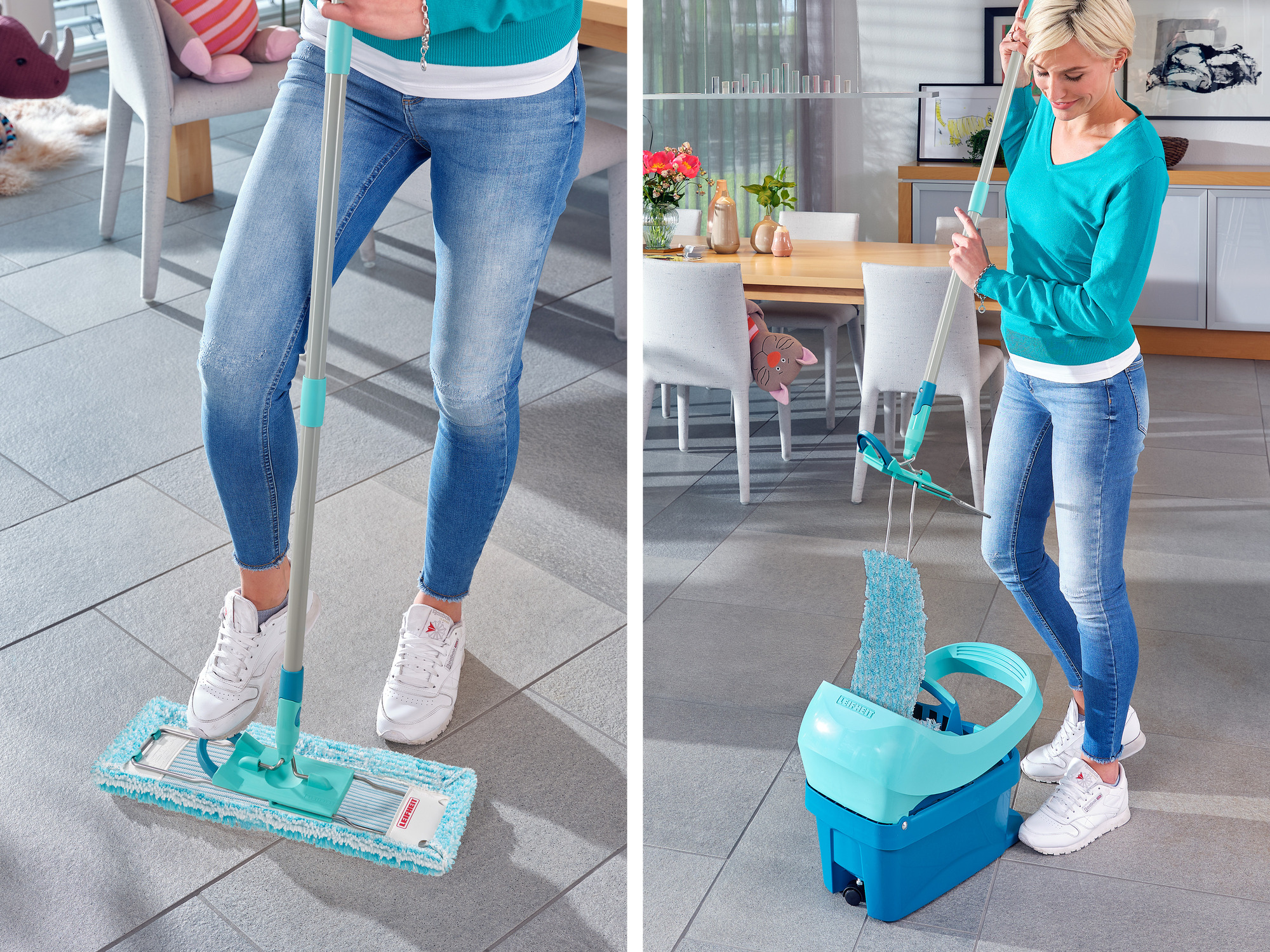 Frau wischt den Boden mit einem blauen Mopp und Eimer in einem modernen Zuhause.