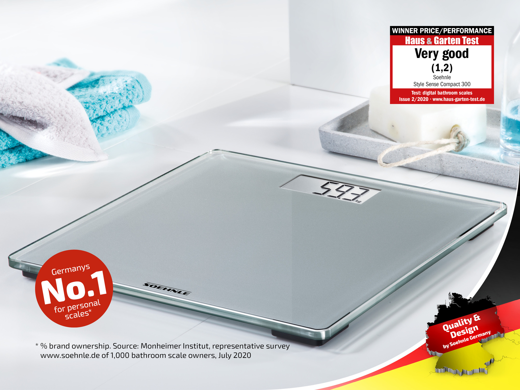 Waga cyfrowa Soehnle pokazująca 59,3 kg, obok ręczniki i mydło.