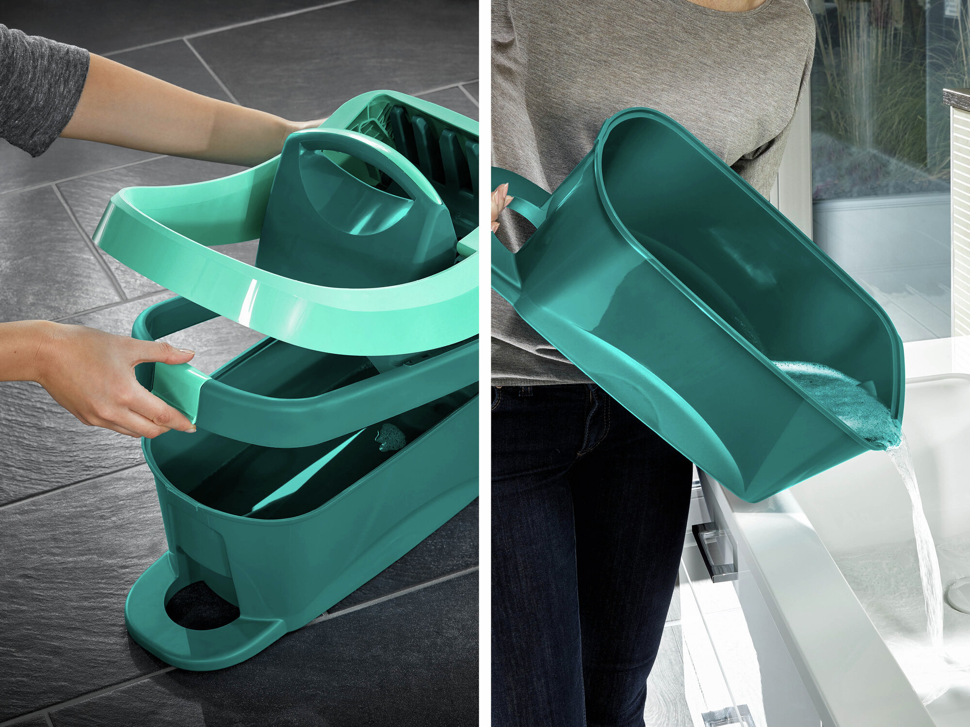 Osoba napełnia wiadro wodą; druga część pokazuje obsługę uchwytu mopa.