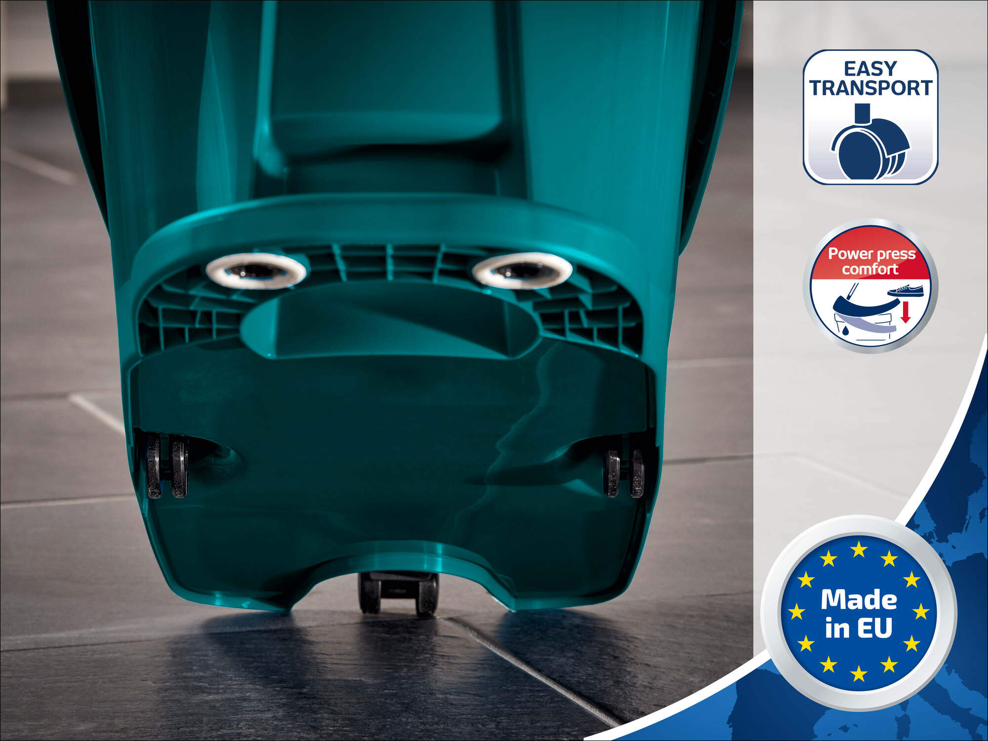 Dół turkusowego urządzenia z kółkami i ikonami.