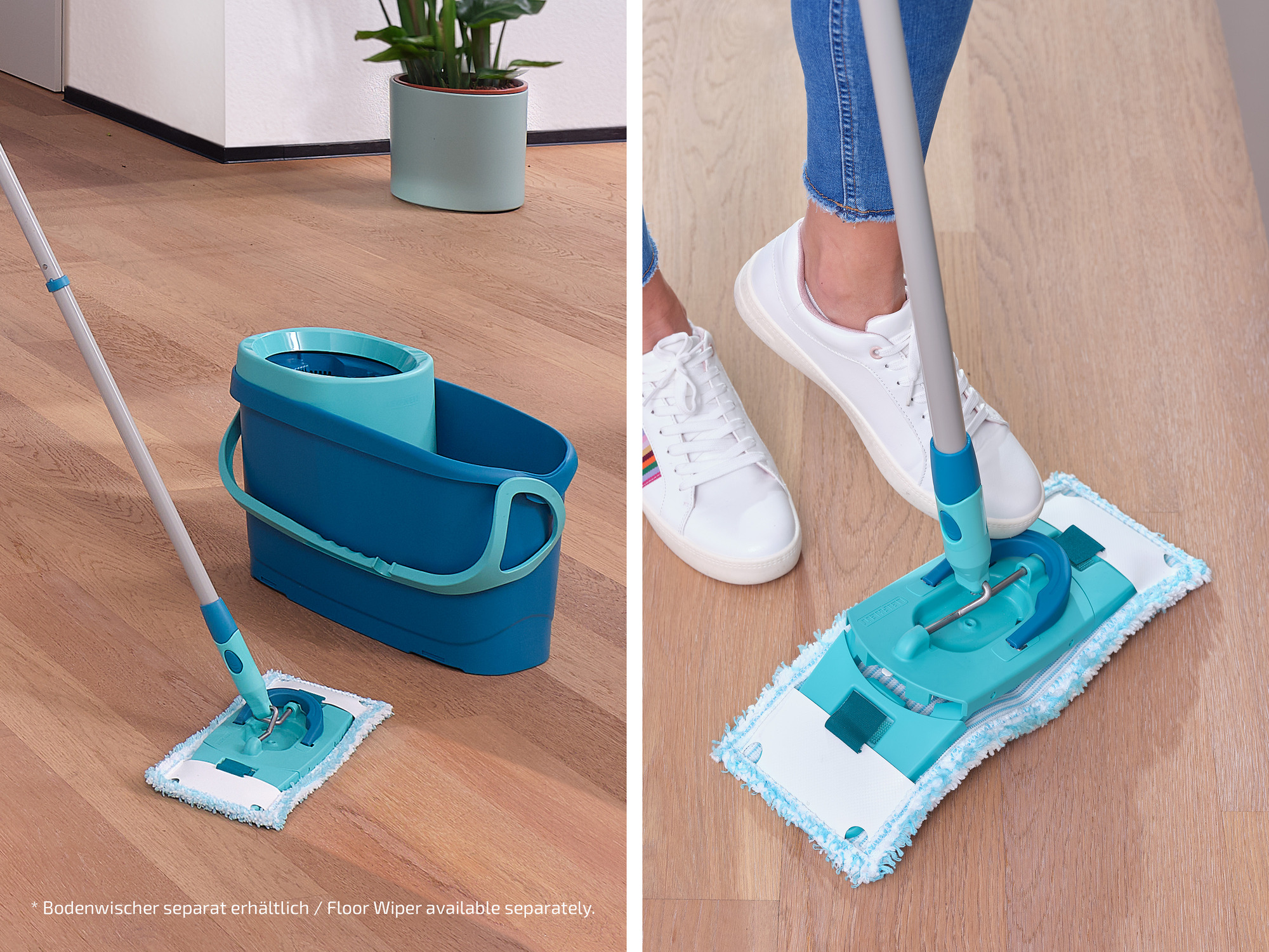 Ein blauer Eimer und ein Wischmopp auf einem Holzboden.