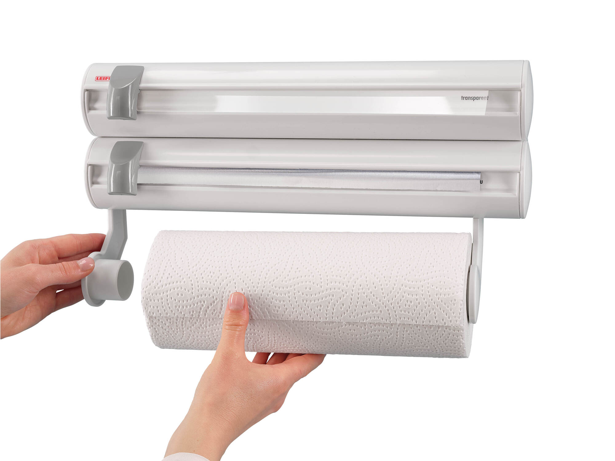 Zwei weiße Rollenhalter an der Wand, eine mit Küchenrolle.