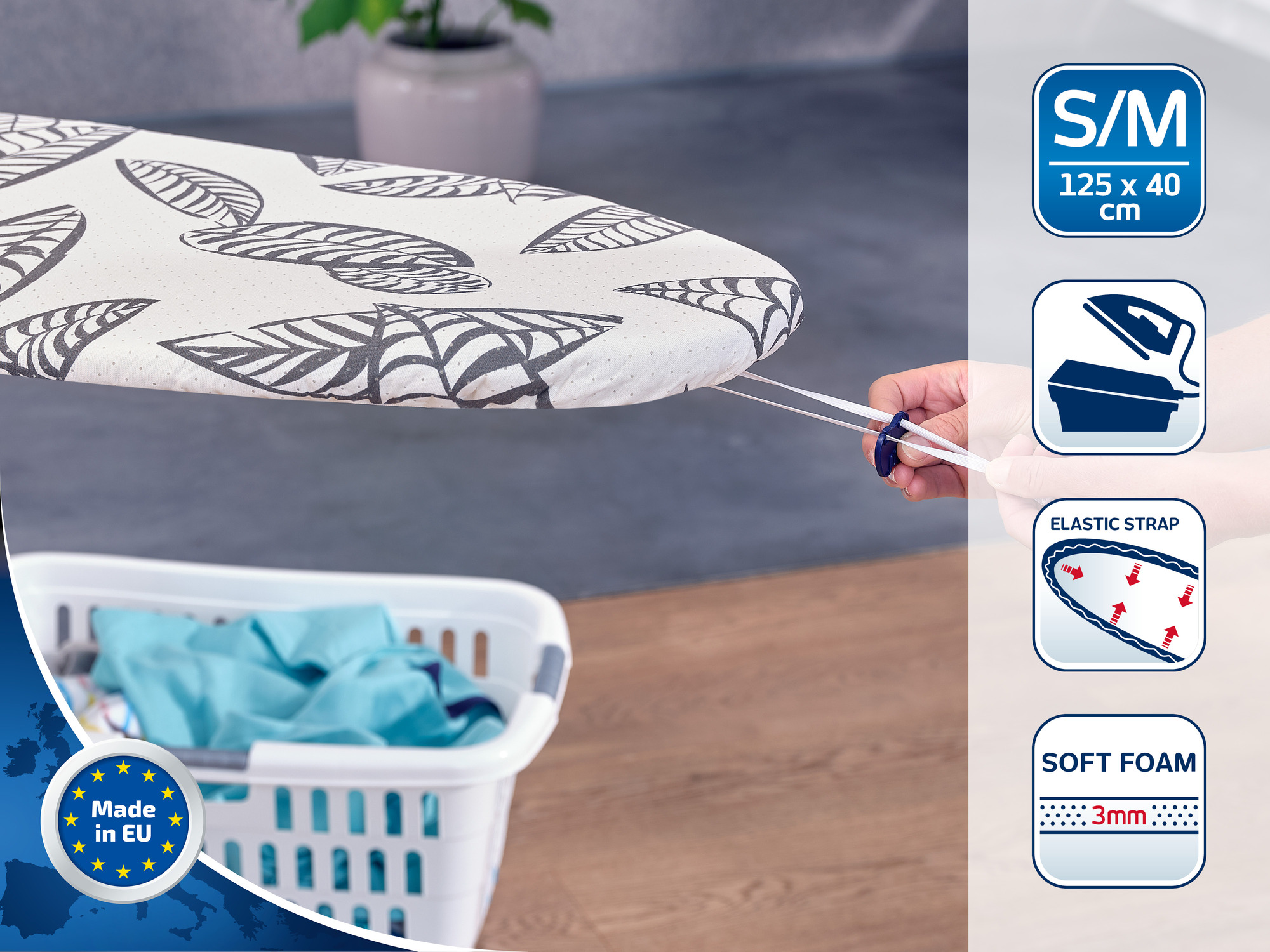 Pokrowiec na deskę do prasowania z wzorem liści, S/M, 125x40cm.