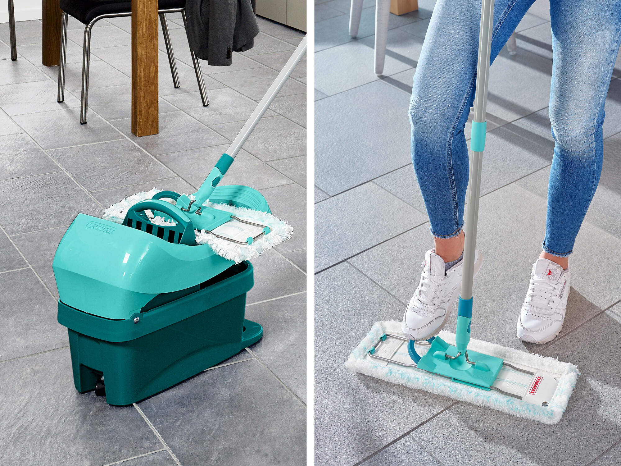 Türkisblaue Wischmop-Eimer-Set und ein Mop, der auf grauem Fliesenboden verwendet wird.