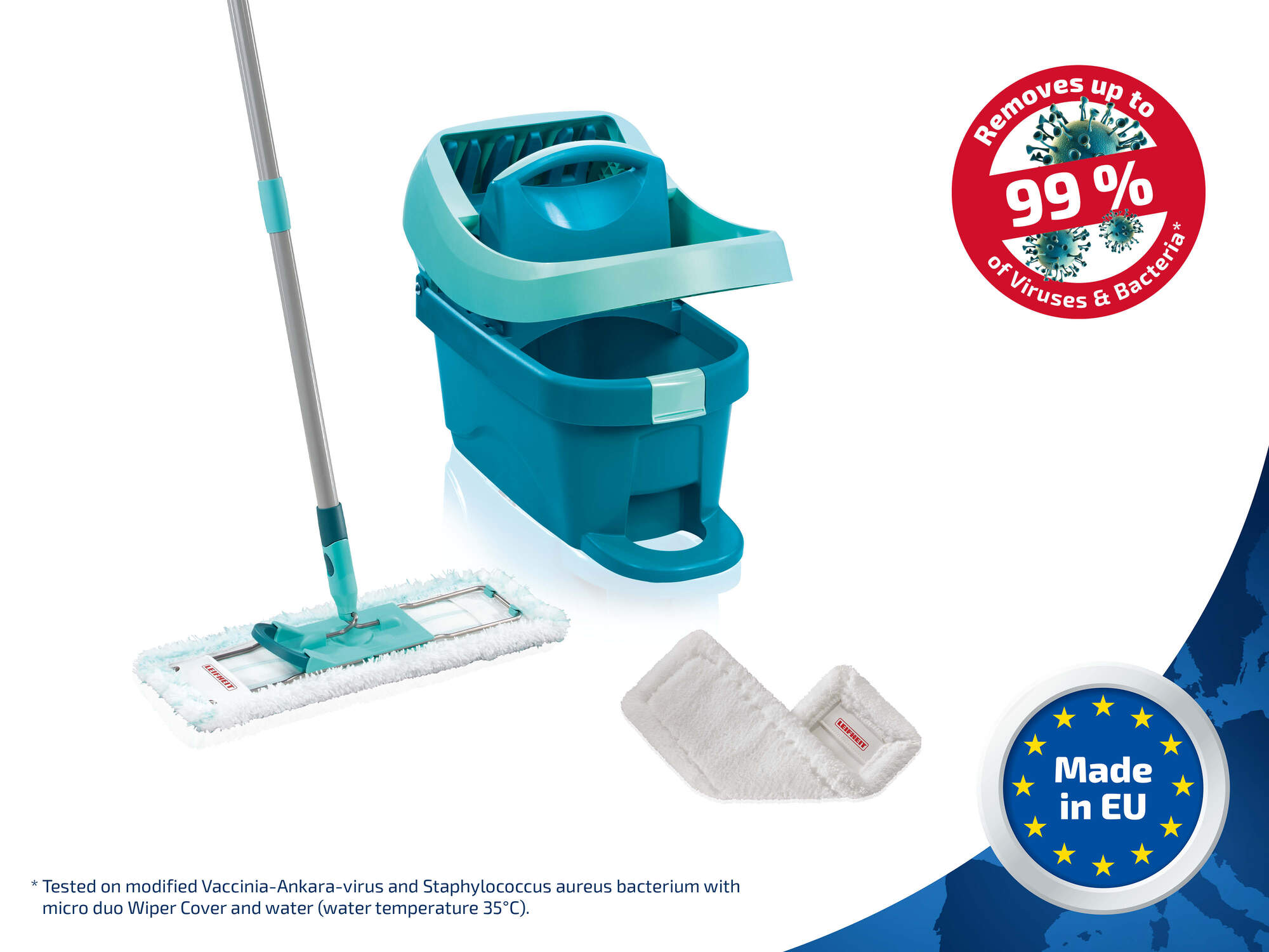 Ein blauer Eimer mit Wischmopp und Ersatzbezug.