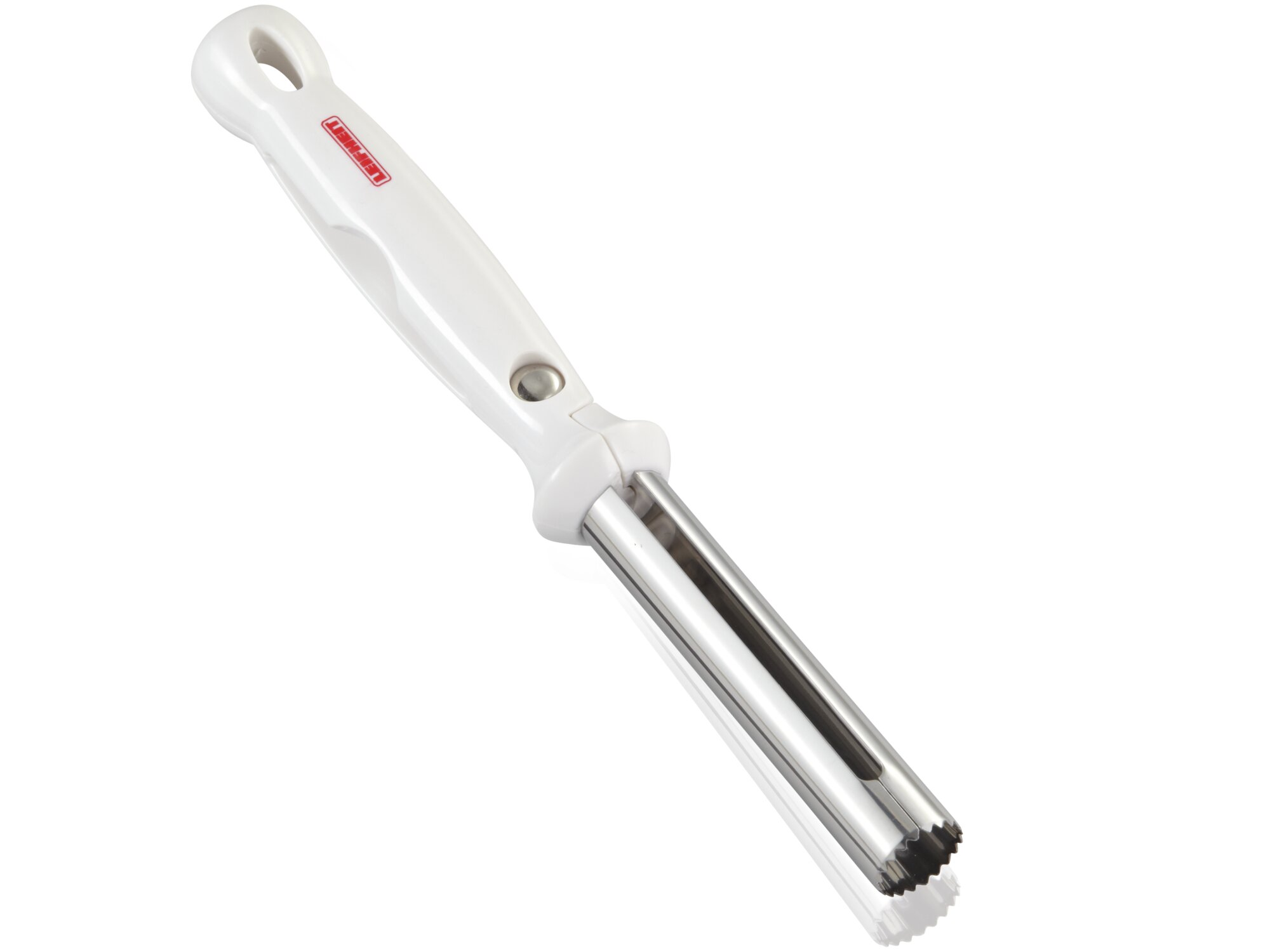 Ein weißer Griff mit einem silbernen Kernentferner-Aufsatz.