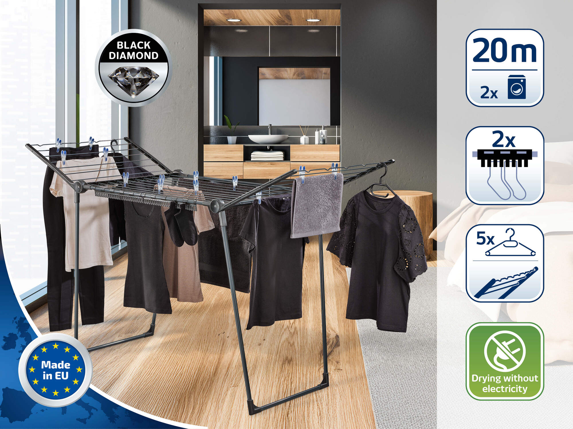 Uno stendibiancheria con vestiti in un bagno moderno con accenti in legno.