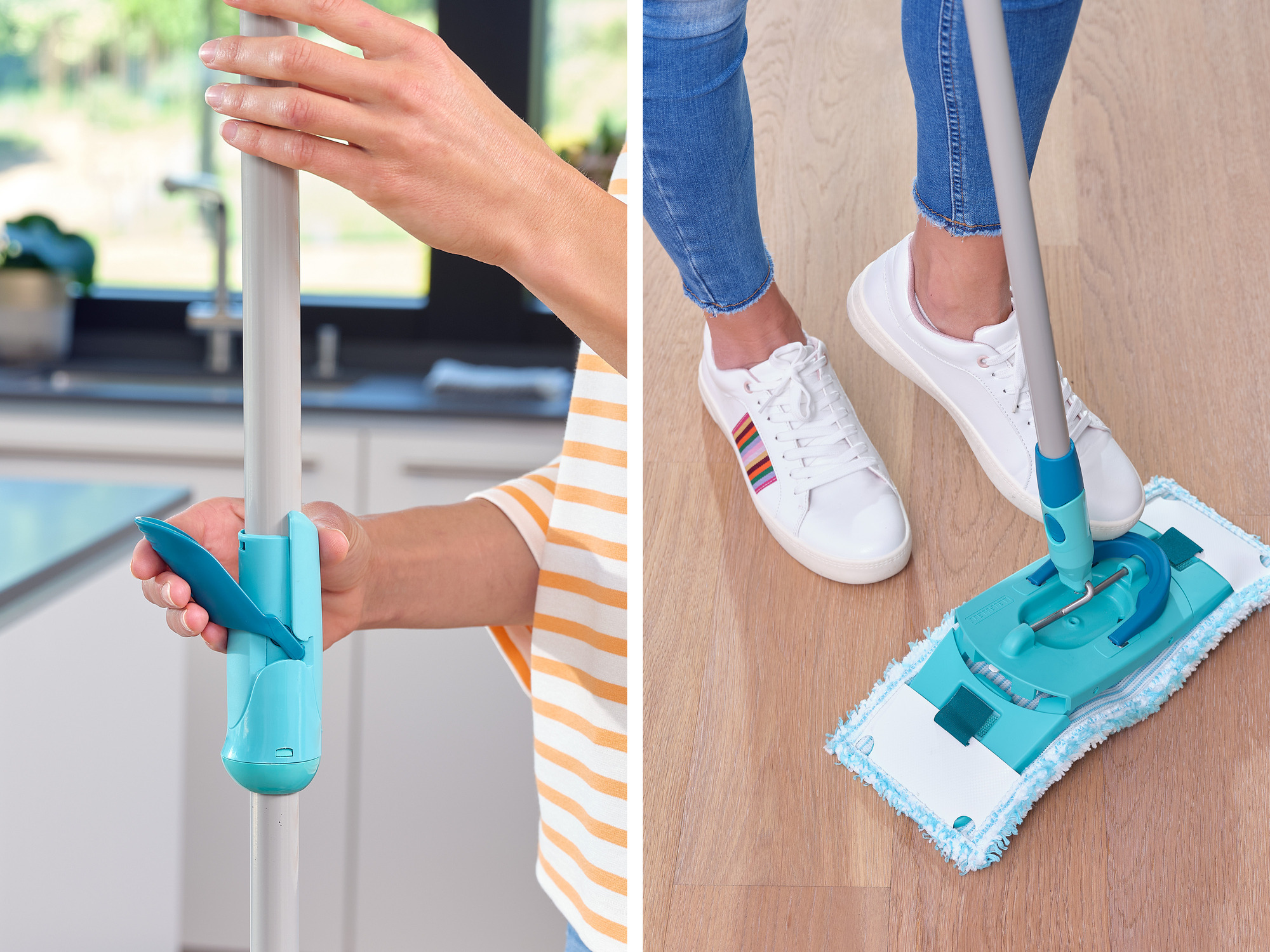 Ręka trzyma uchwyt mopa, podczas gdy osoba myje drewnianą podłogę.