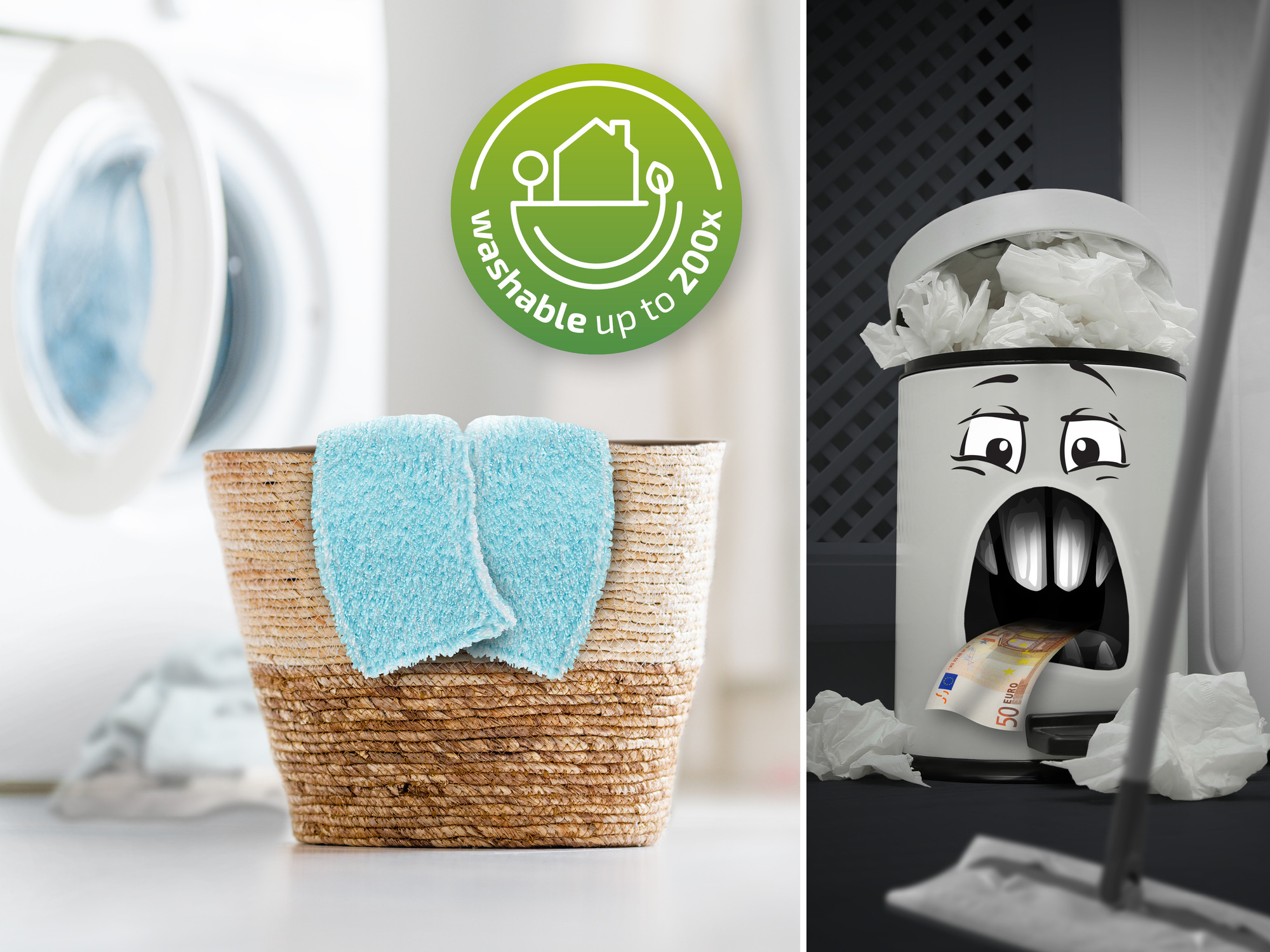 Kosz z niebieskimi ściereczkami obok pralki i kosza na śmieci z pieniędzmi.