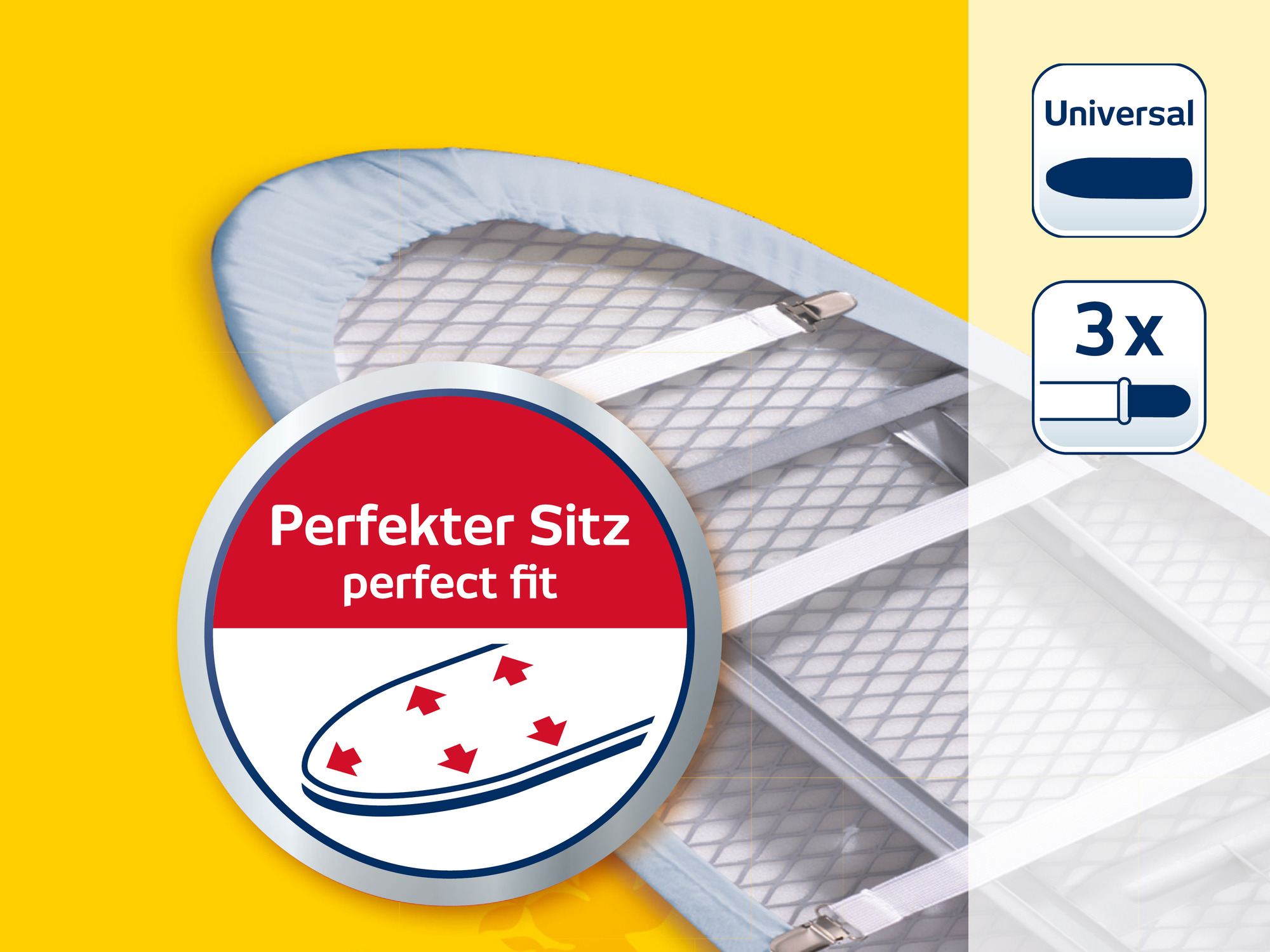 Bügeleisenauflage mit "Perfekter Sitz"-Logo, Universal-Größe und 3x Clips.