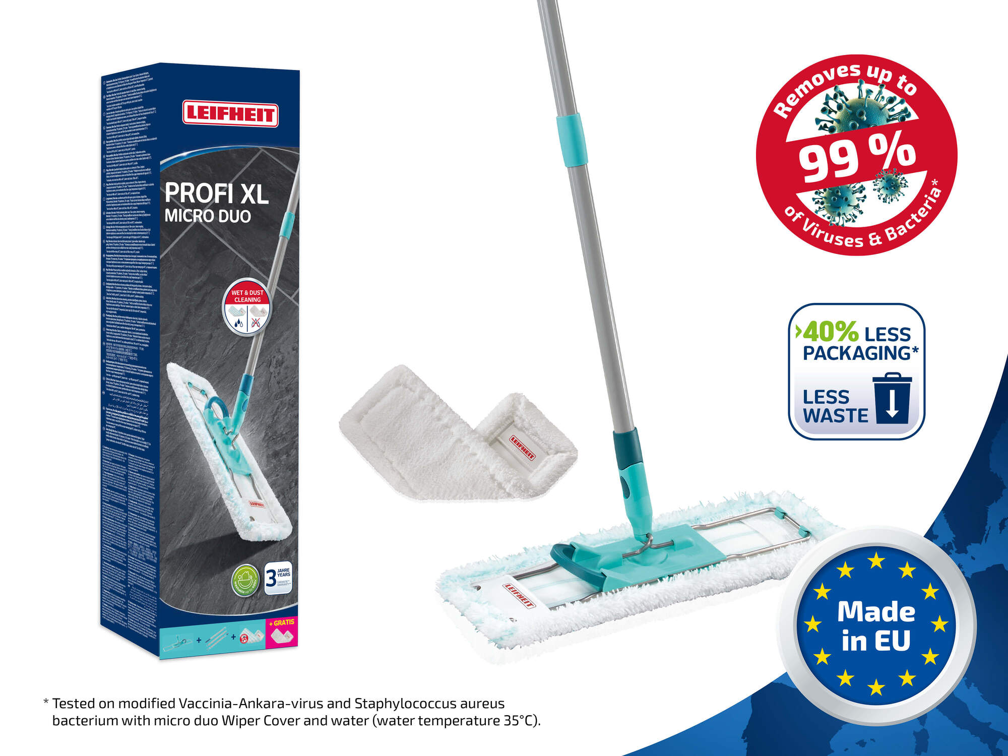 Leifheit Profi XL Micro Duo Mop Set mit Ersatzbezug, entfernt 99% der Viren & Bakterien.