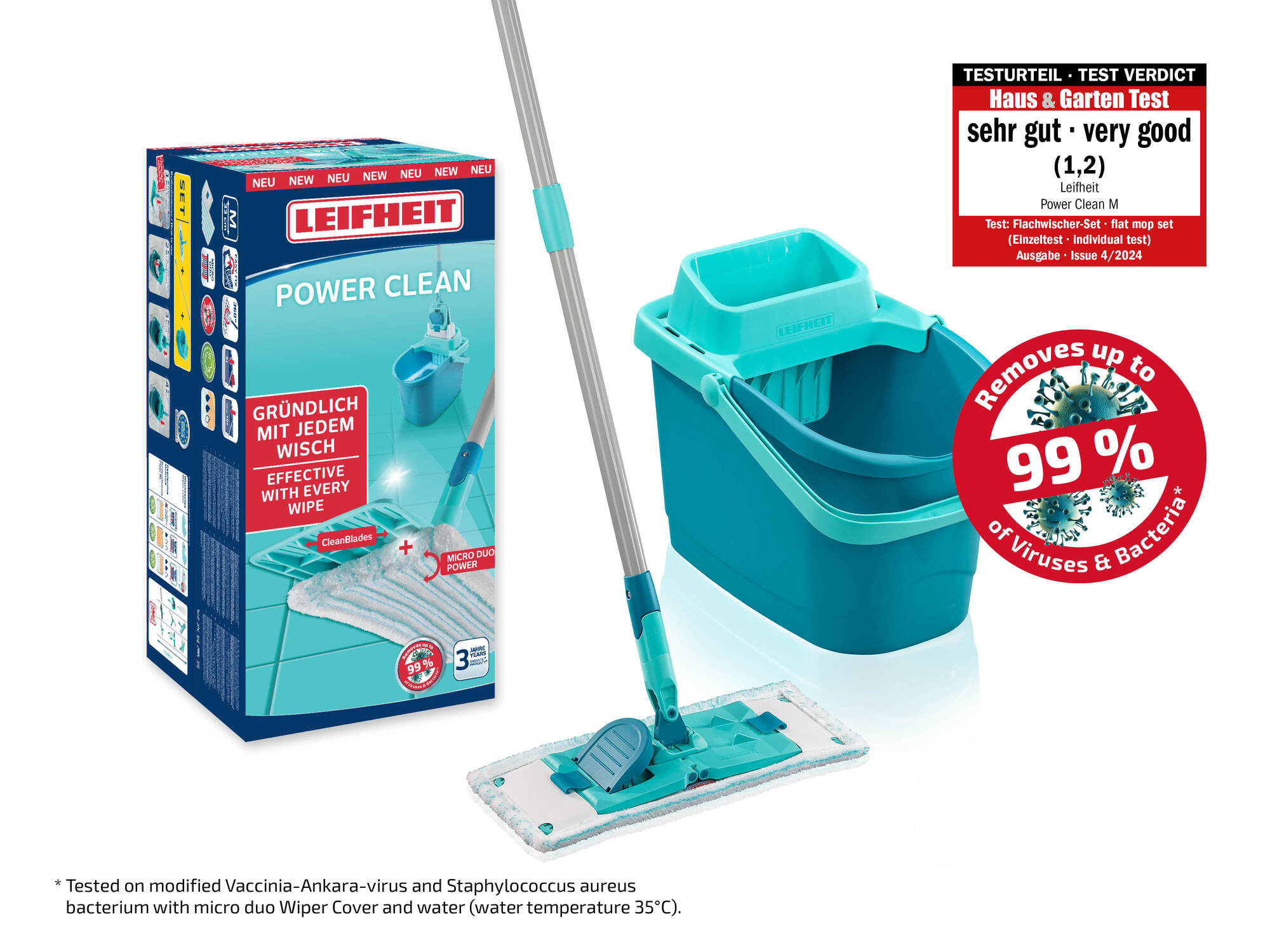Zestaw Leifheit Power Clean: Mop, wiadro i kij. Usuwa 99% wirusów.