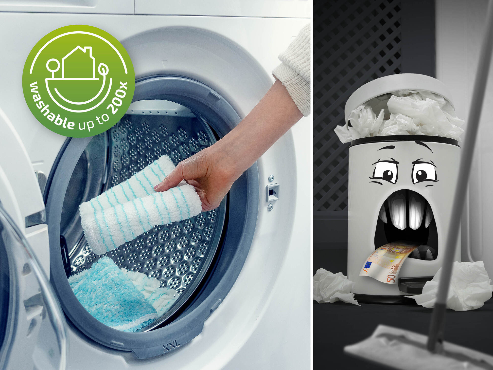 Ręka wkłada paski mopa do pralki. Obok śmietnik z twarzą.