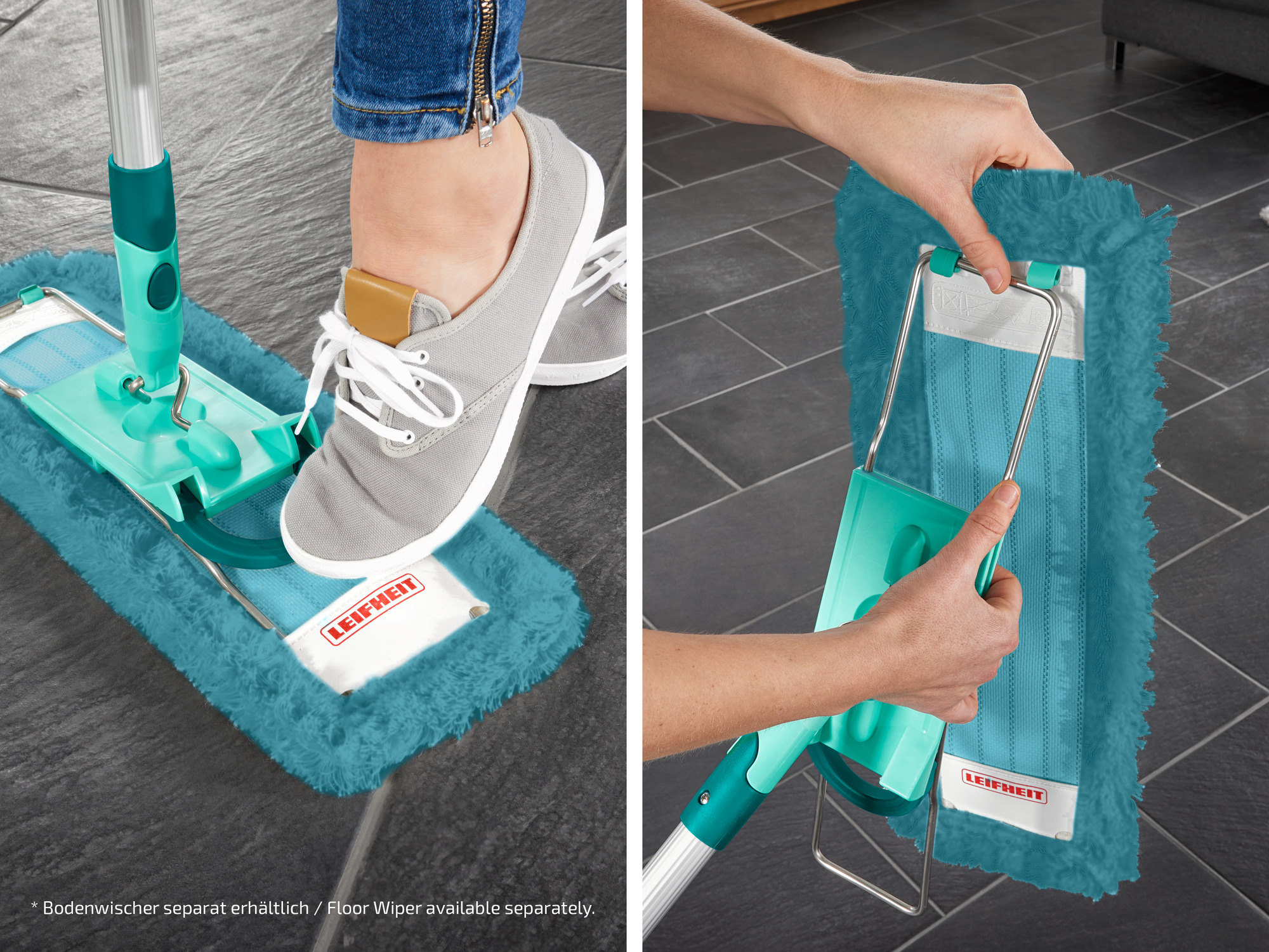 Ein Fuß in einem grauen Sneaker steht auf einem blauen Mopp. Daneben wird ein Moppbezug abgenommen.
