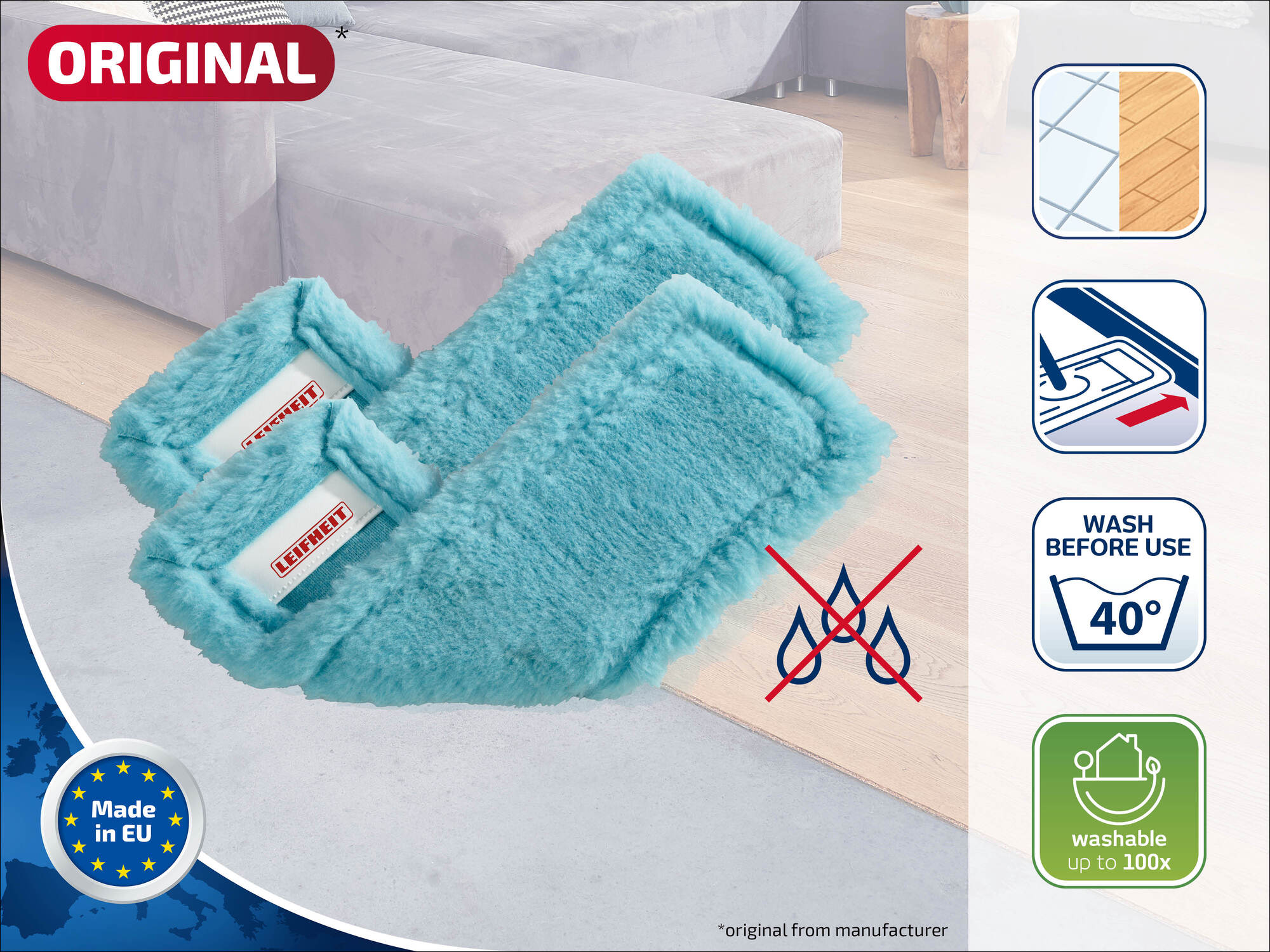Zwei hellblaue Wischbezüge mit "Leifheit"-Logo, "Made in EU"-Siegel.