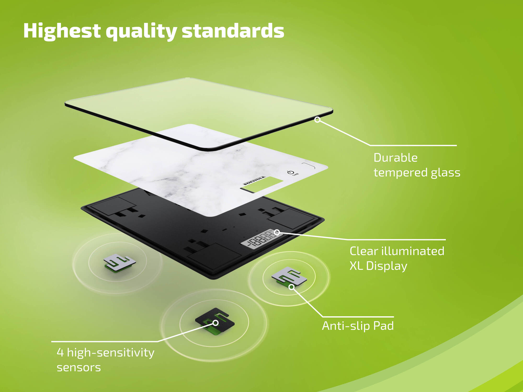 Widok rozstrzelony wagi pokazujący szklany blat, czujniki i wyświetlacz.