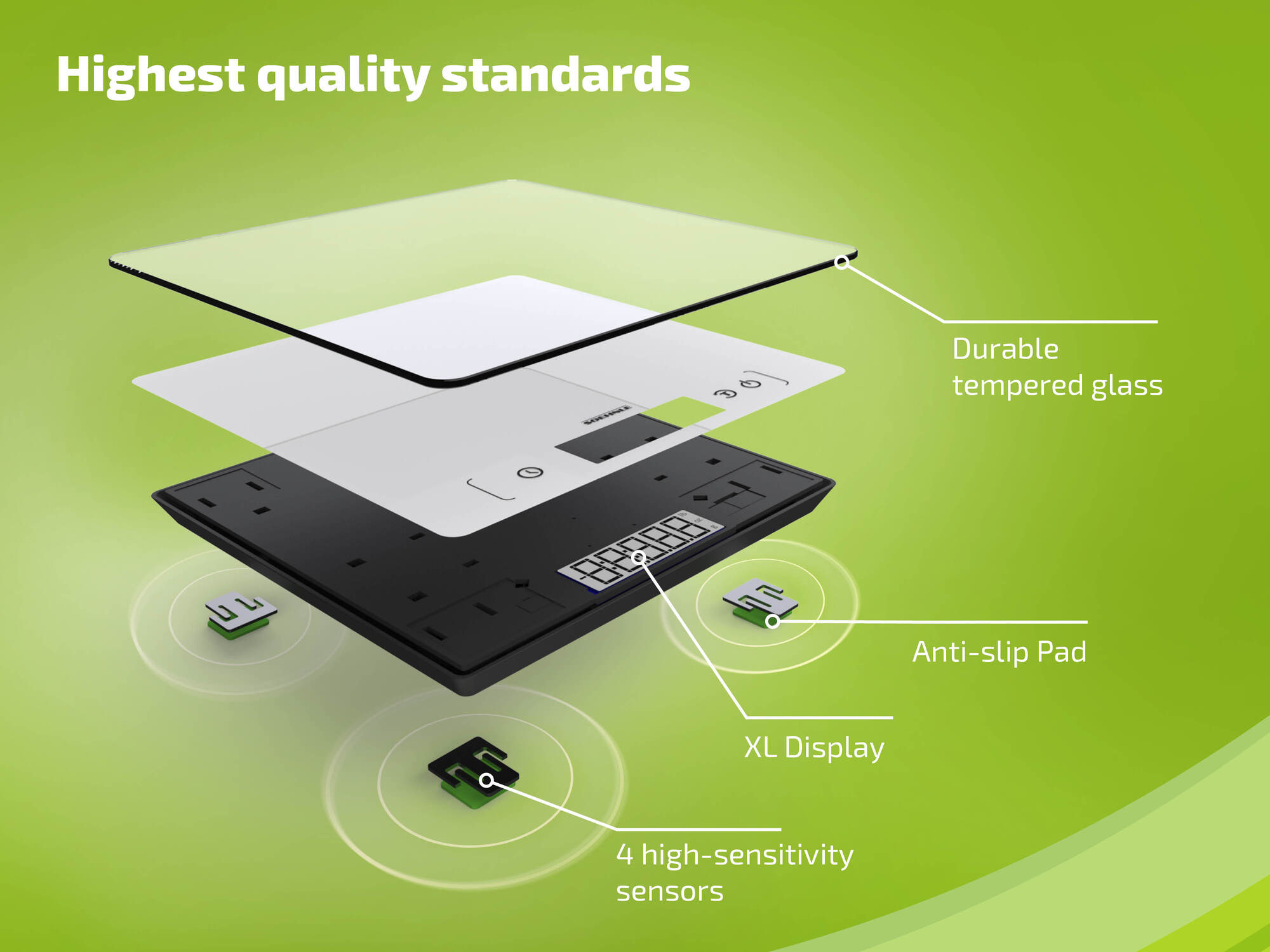 Cyfrowa waga kuchenna w widoku rozłożonym, pokazująca szkło, czujniki i wyświetlacz.