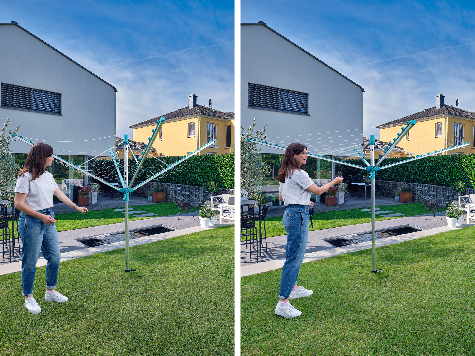 Frau öffnet einen Wäscheständer im Garten mit modernen Häusern im Hintergrund.