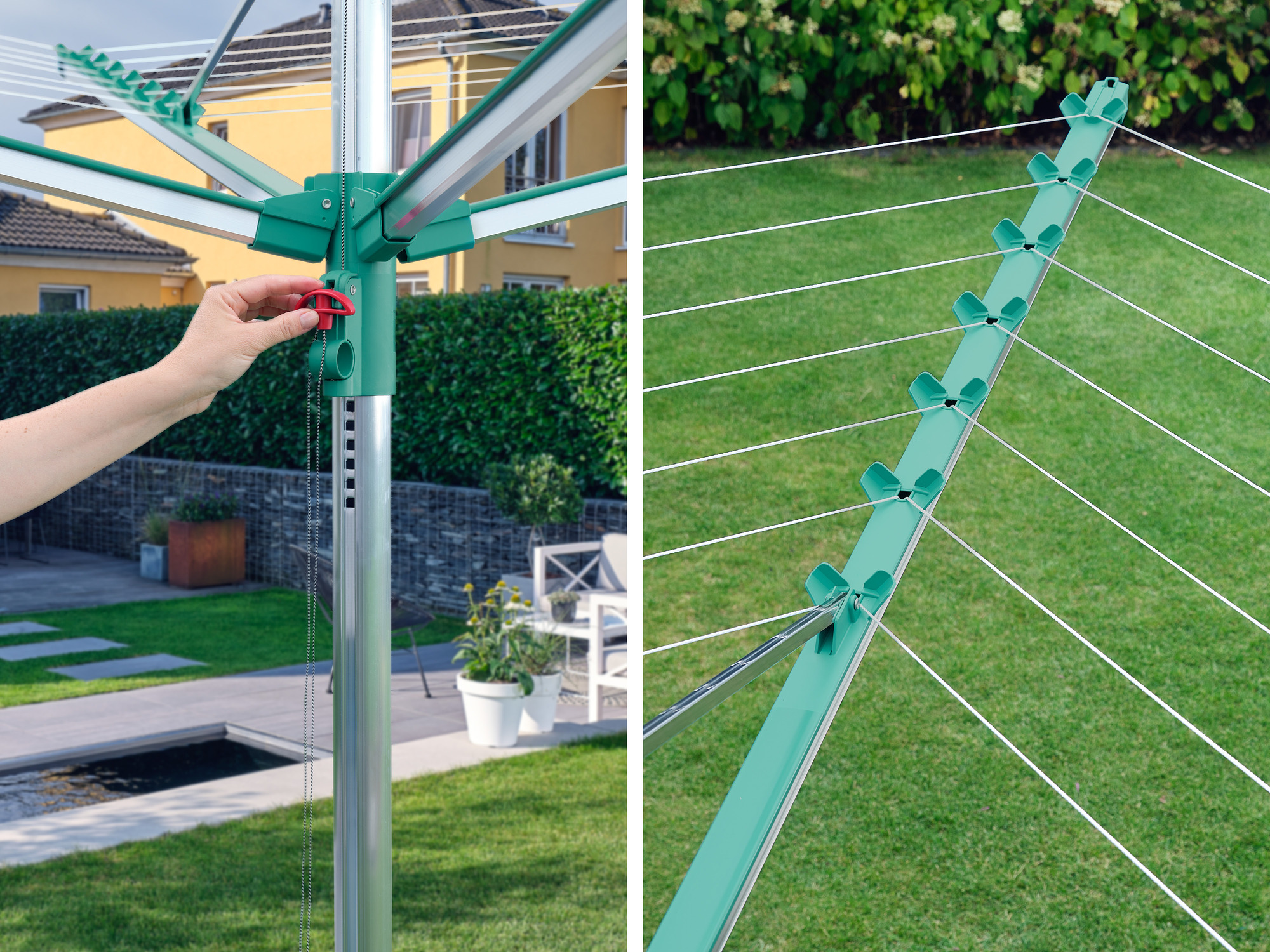 Hand betätigt roten Hebel an einem grünen Wäscheständer im Garten.