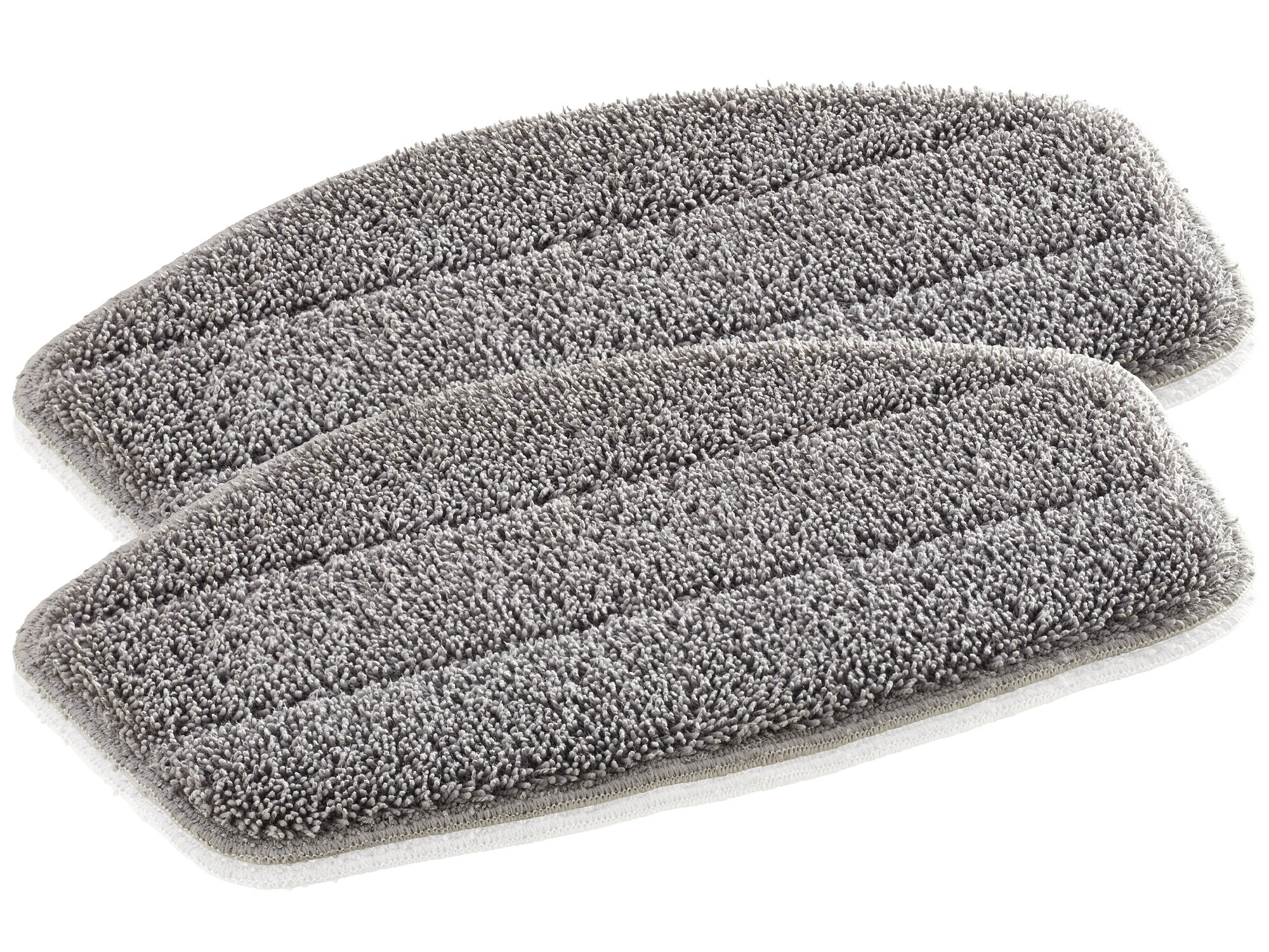 Zwei graue Mikrofaser-Mopp-Pads mit texturierten Oberflächen sind auf weißem Hintergrund abgebildet.