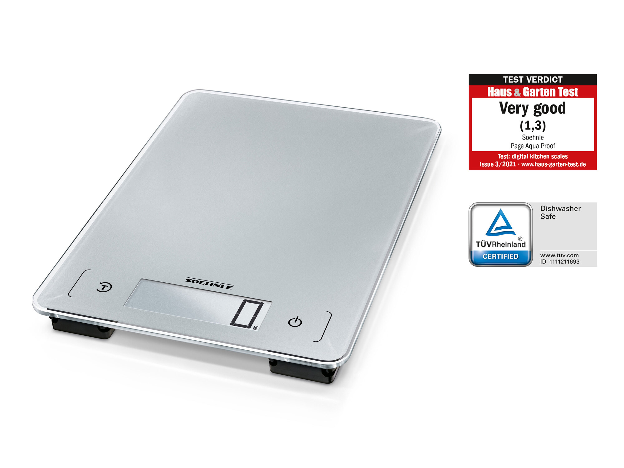 Balance de cuisine numérique Soehnle argentée avec label TÜV Rheinland certifié lavable au lave-vaisselle.